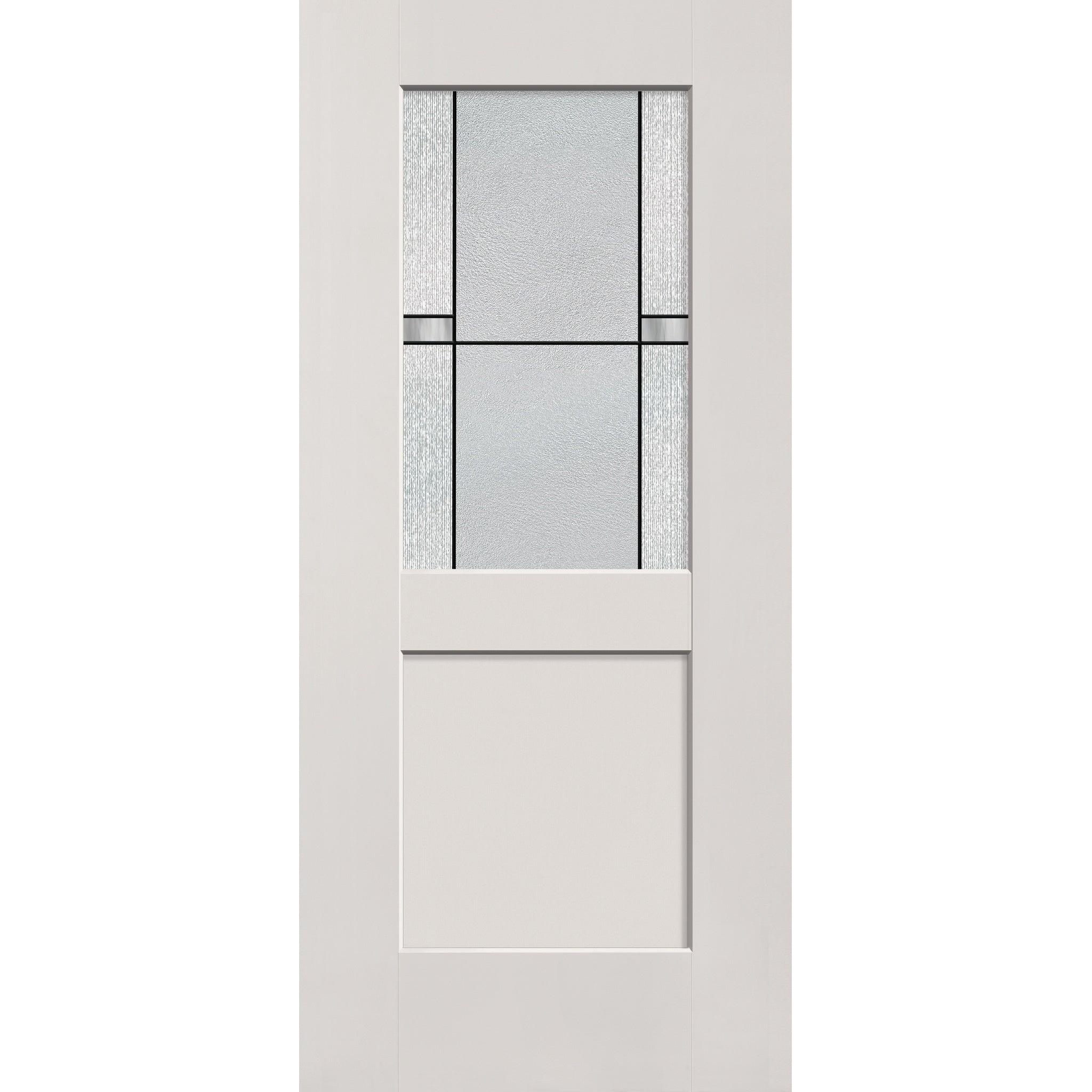 Dexter flush glazed fiberglass entry door, half lite shaker, 36" x 80", white satin smooth finish, Black Aluminum caming