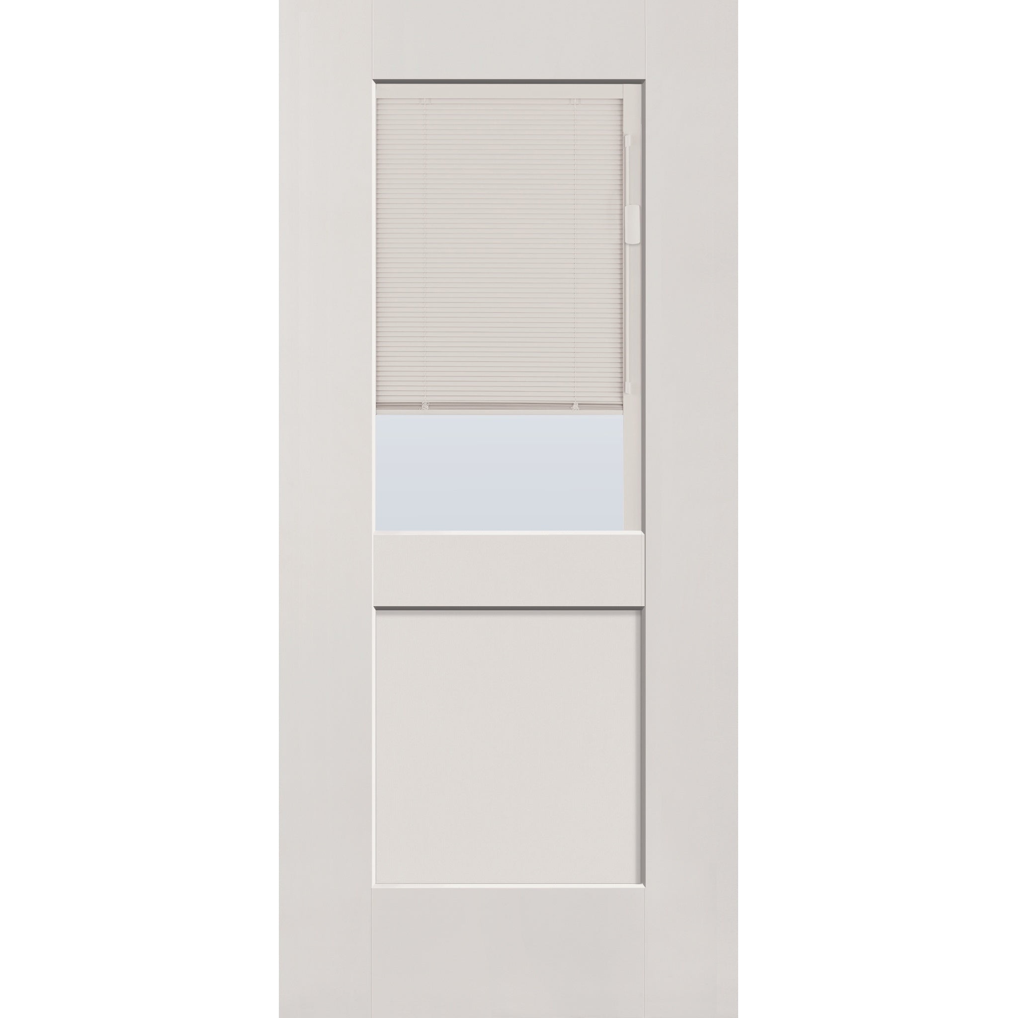 Raise & Lower Blinds flush glazed fiberglass entry door, half lite shaker, 36" x 80", white satin smooth finish, white blinds