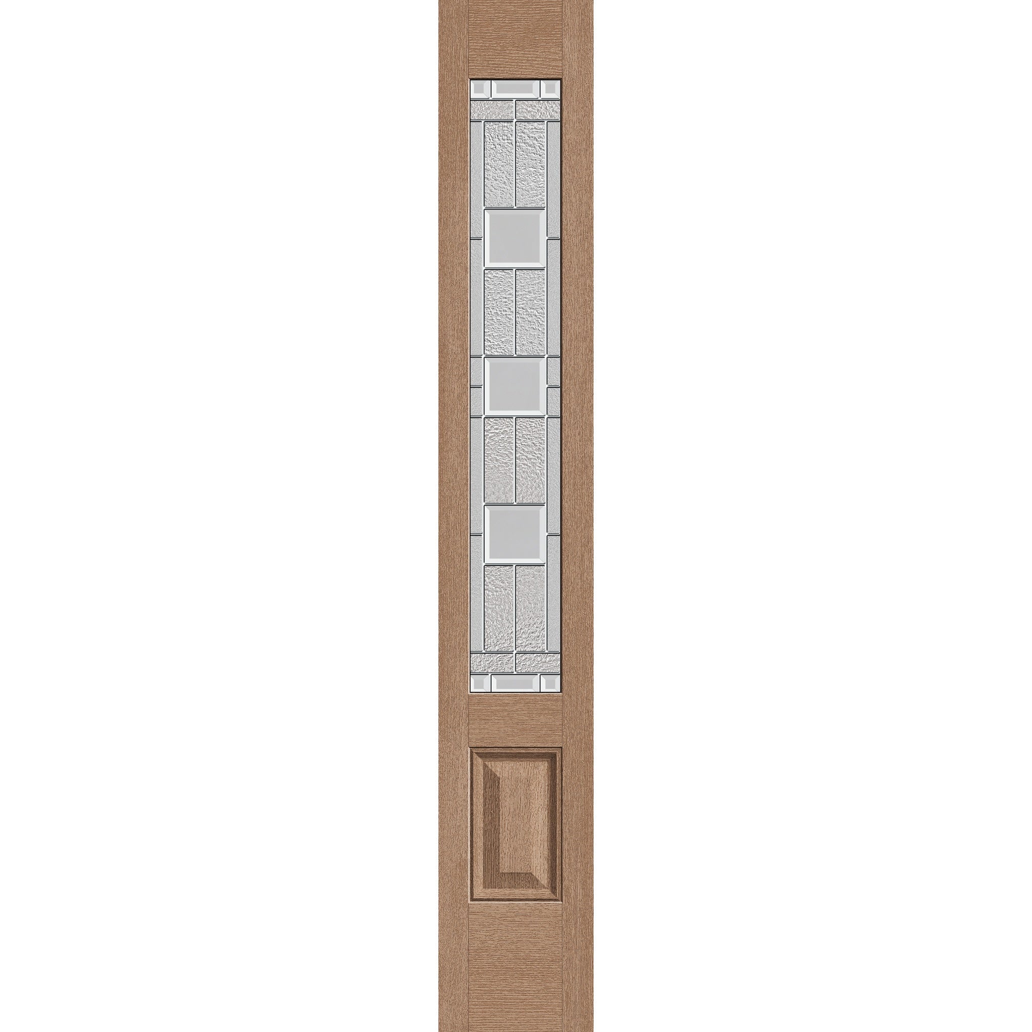 Austin flush glazed hurricane-rated fiberglass sidelite panel, 3/4 lite, 12" x 80", tan woodgrain finish, Satin Nickel caming