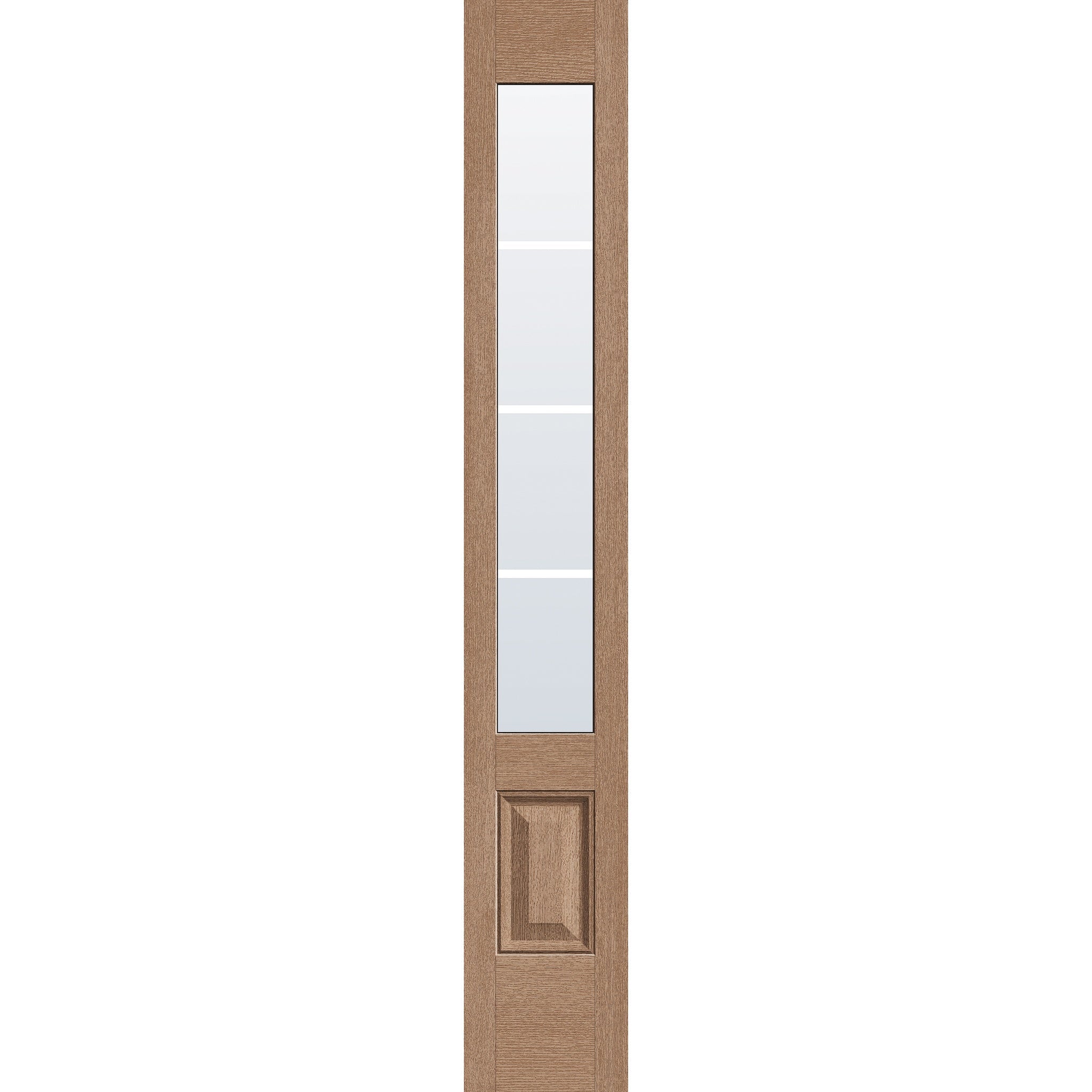 4 light grille flush glazed hurricane-rated fiberglass sidelite panel, 3/4 lite, 12" x 80", tan woodgrain finish, white grilles between glass