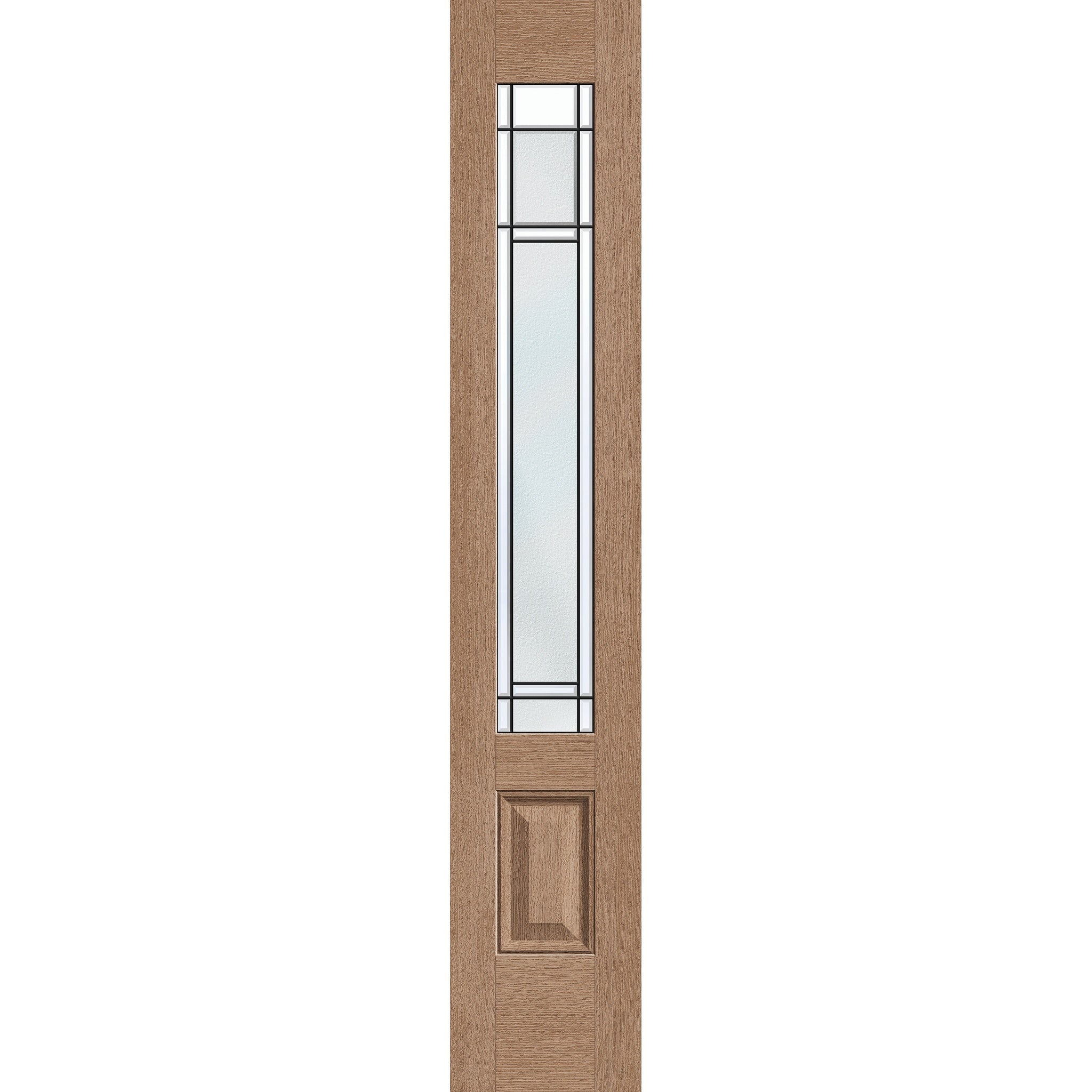 Berkley flush glazed hurricane-rated fiberglass sidelite panel, 3/4 lite, 14" x 80", tan woodgrain finish, Patina caming