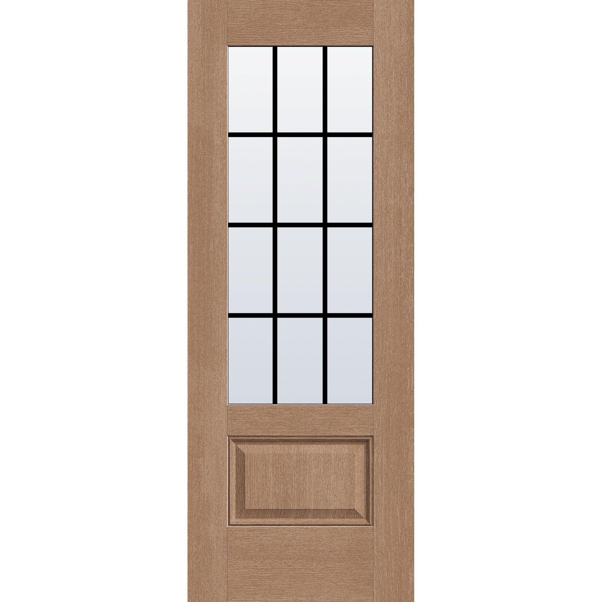 12 light grille flush glazed fiberglass entry door, 3/4 lite, 30" x 80", tan woodgrain finish, black grilles between glass