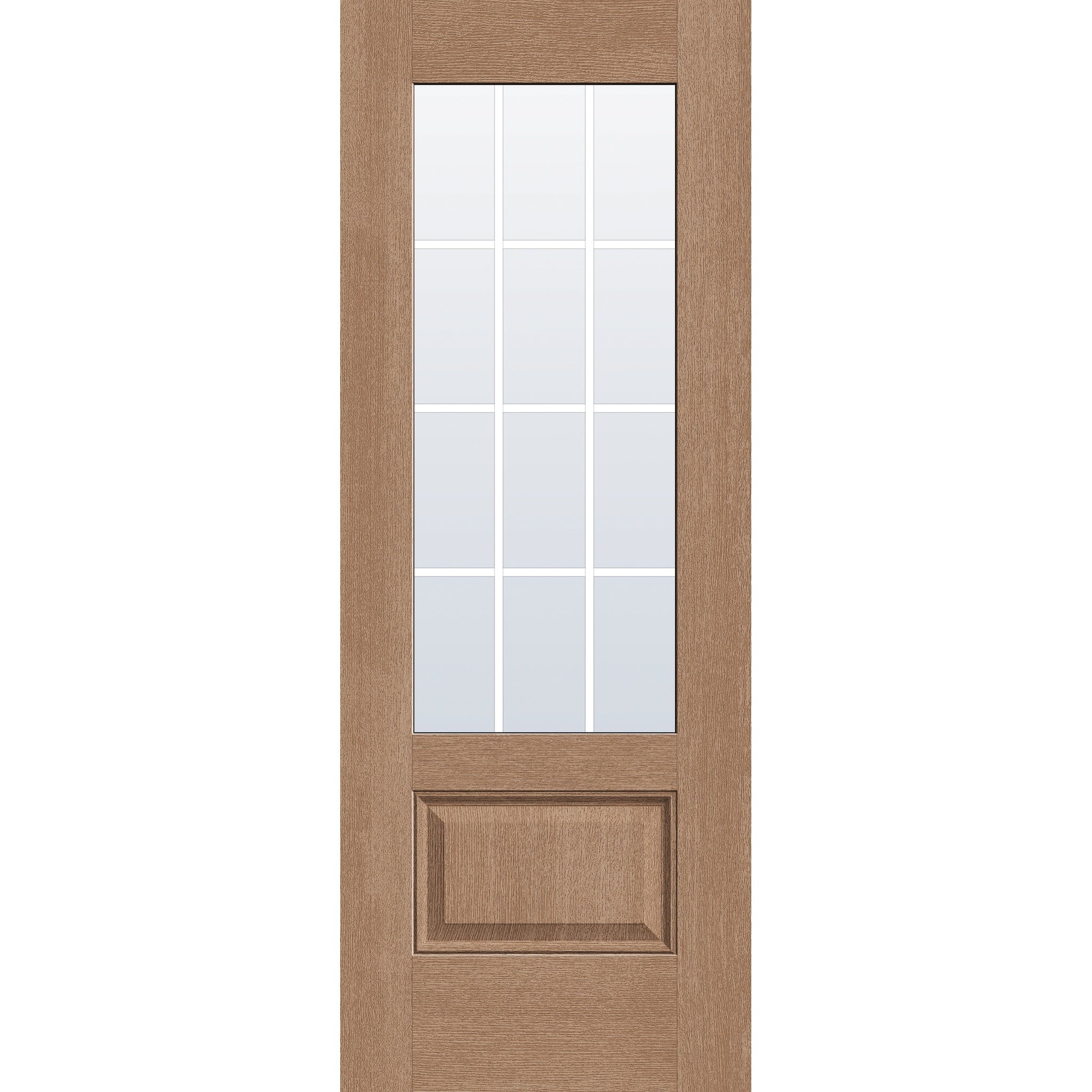 12 light grille flush glazed fiberglass entry door, 3/4 lite, 30" x 80", tan woodgrain finish, white grilles between glass