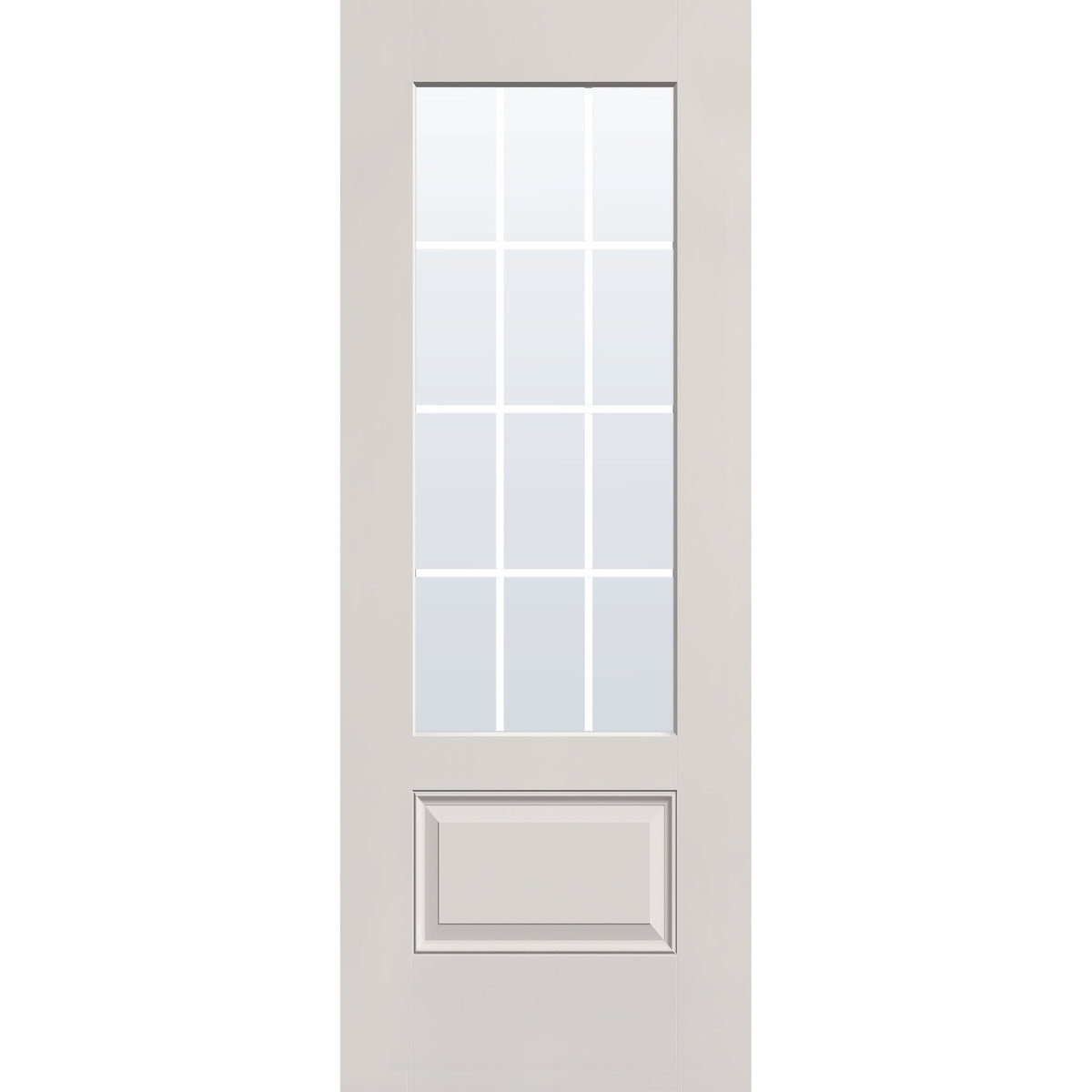 12 light grille flush glazed hurricane-rated fiberglass entry door, 3/4 lite, 30" x 80", white satin smooth finish, white grilles between glass