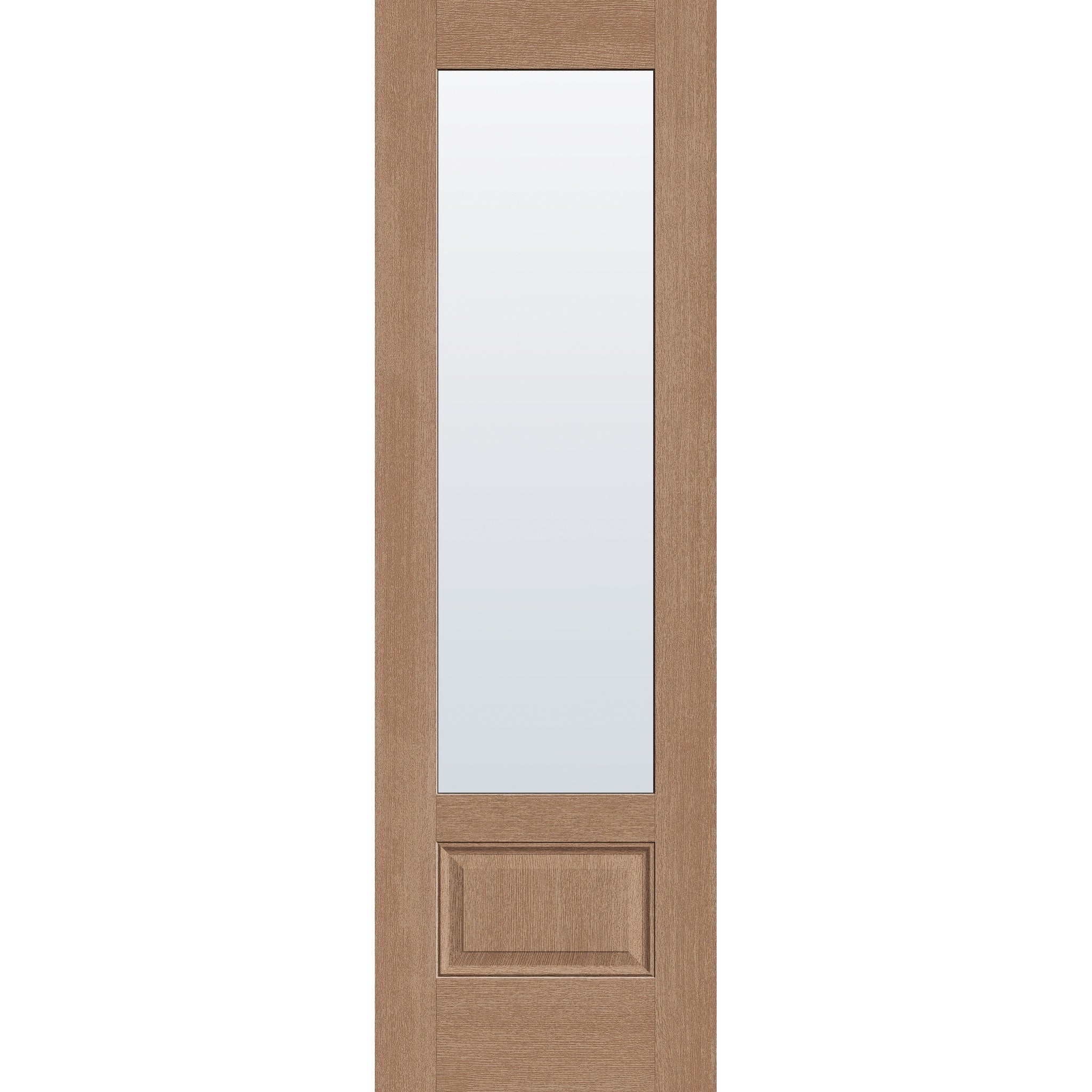 Clear flush glazed hurricane-rated fiberglass entry door, 3/4 lite, 30" x 96", tan woodgrain finish