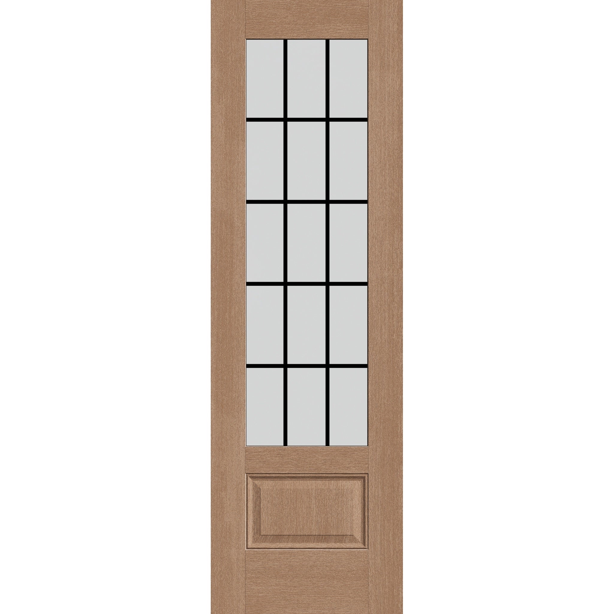 15 light grille flush glazed hurricane-rated fiberglass entry door, 3/4 lite, 30" x 96", tan woodgrain finish, black grilles between glass