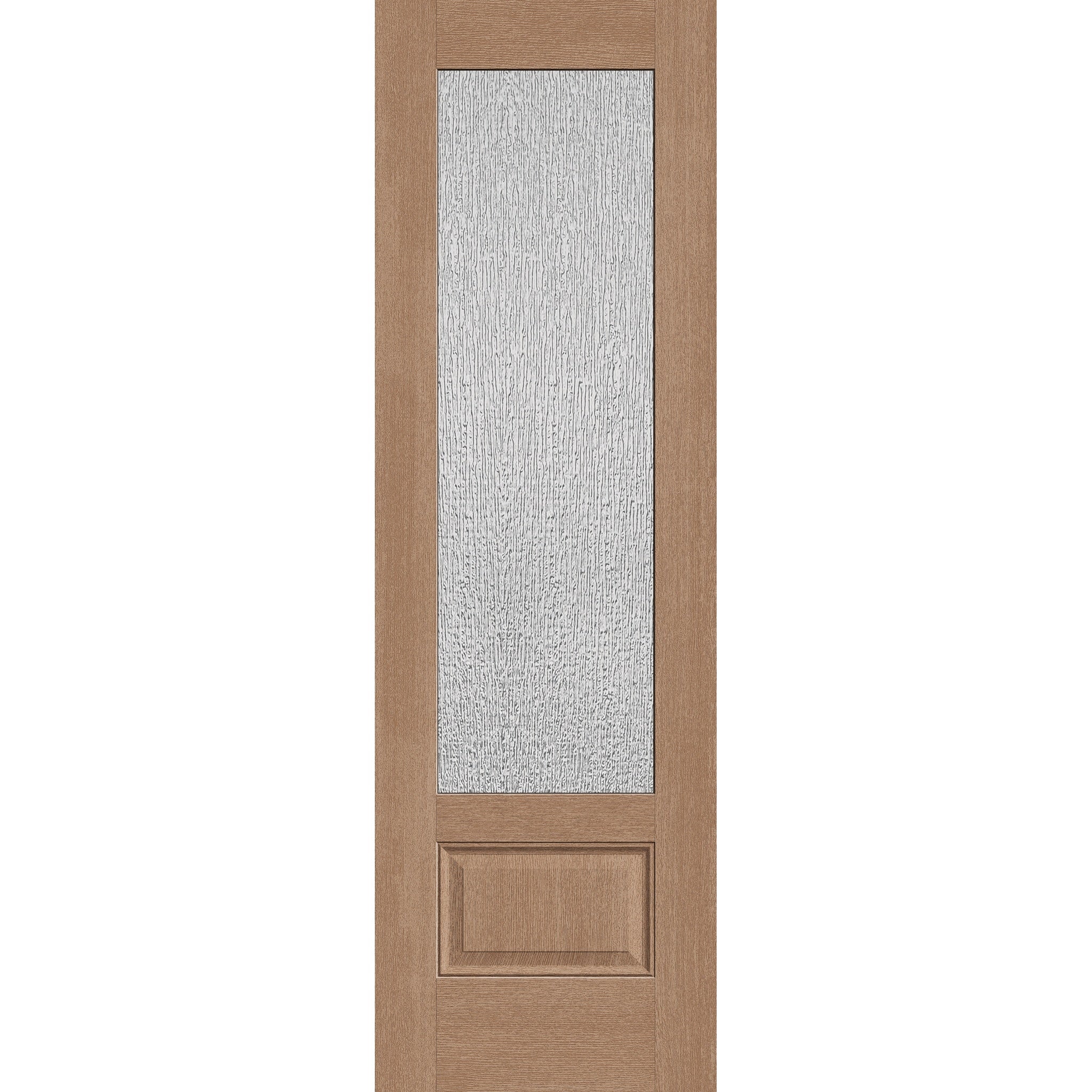 Rain flush glazed fiberglass entry door, 3/4 lite, 30" x 96", tan woodgrain finish