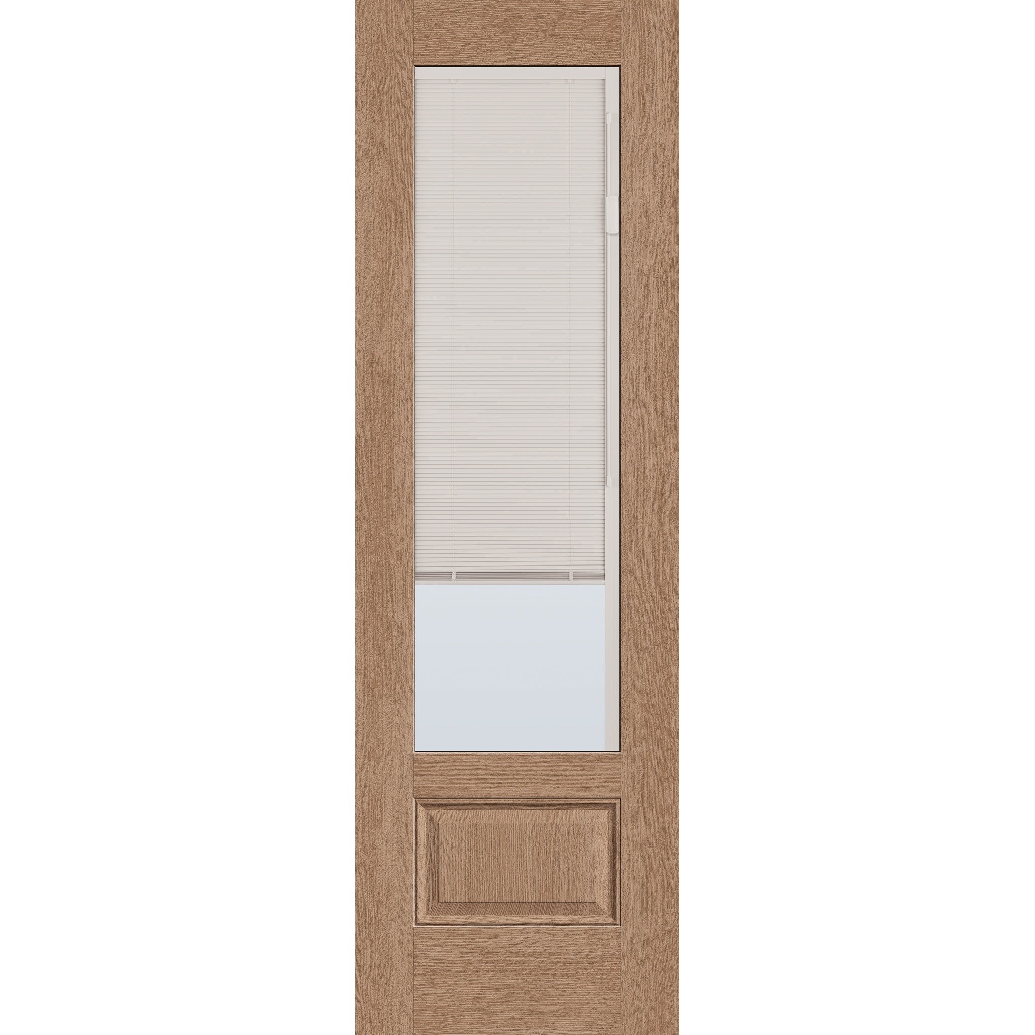Raise & Lower Blinds flush glazed fiberglass entry door, 3/4 lite, 30" x 96", tan woodgrain finish, white blinds