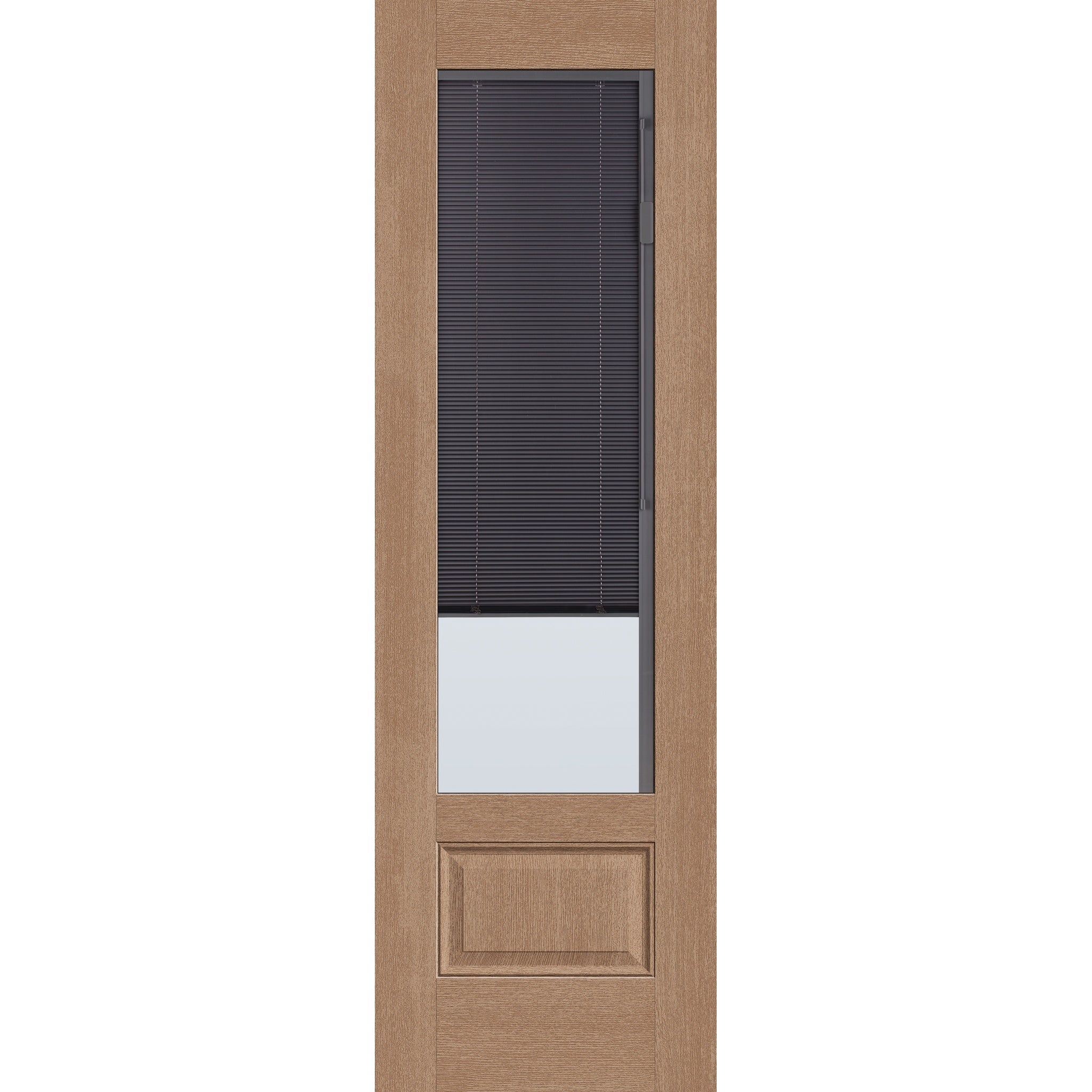 Raise & Lower Blinds flush glazed fiberglass entry door, 3/4 lite, 30" x 96", tan woodgrain finish, slate blinds