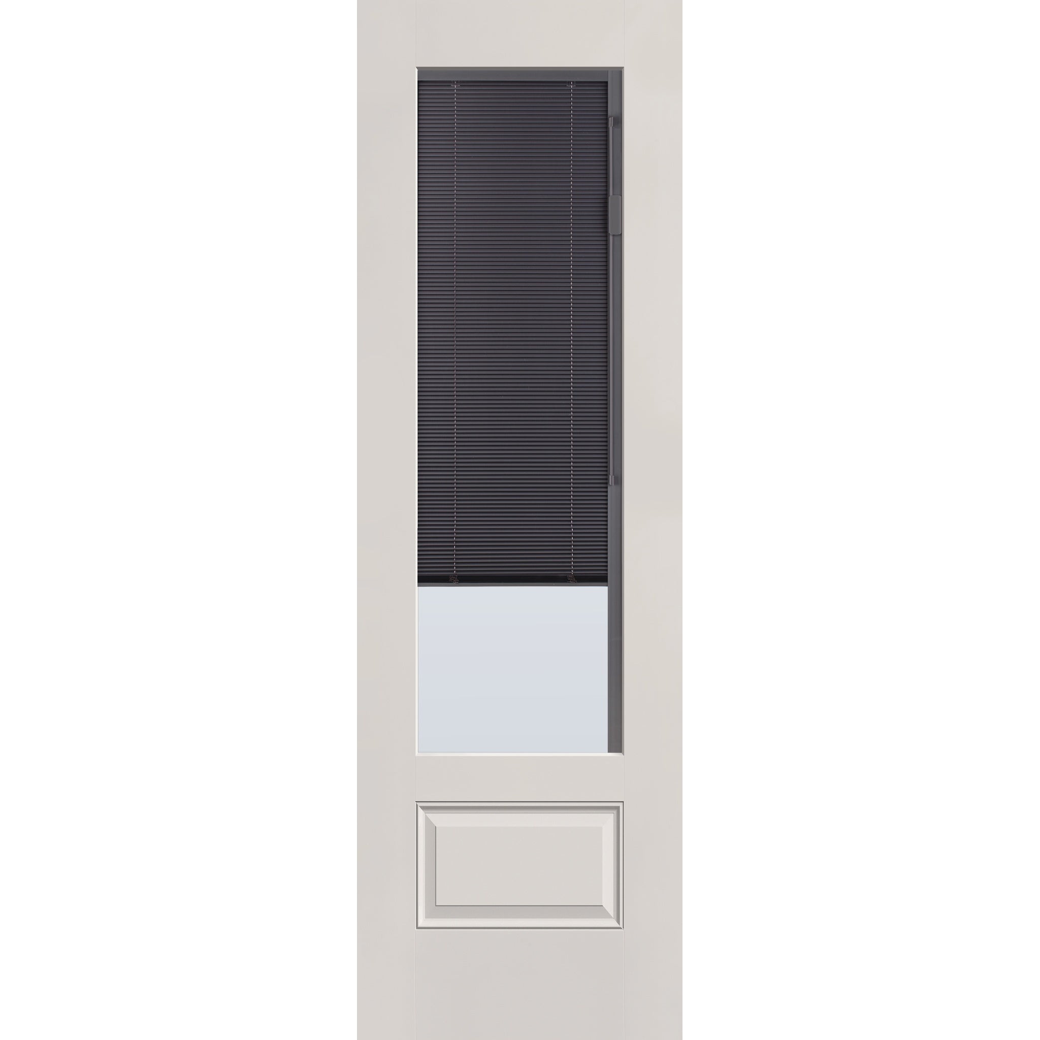 Raise & Lower Blinds flush glazed fiberglass entry door, 3/4 lite, 30" x 96", white satin smooth finish, slate blinds