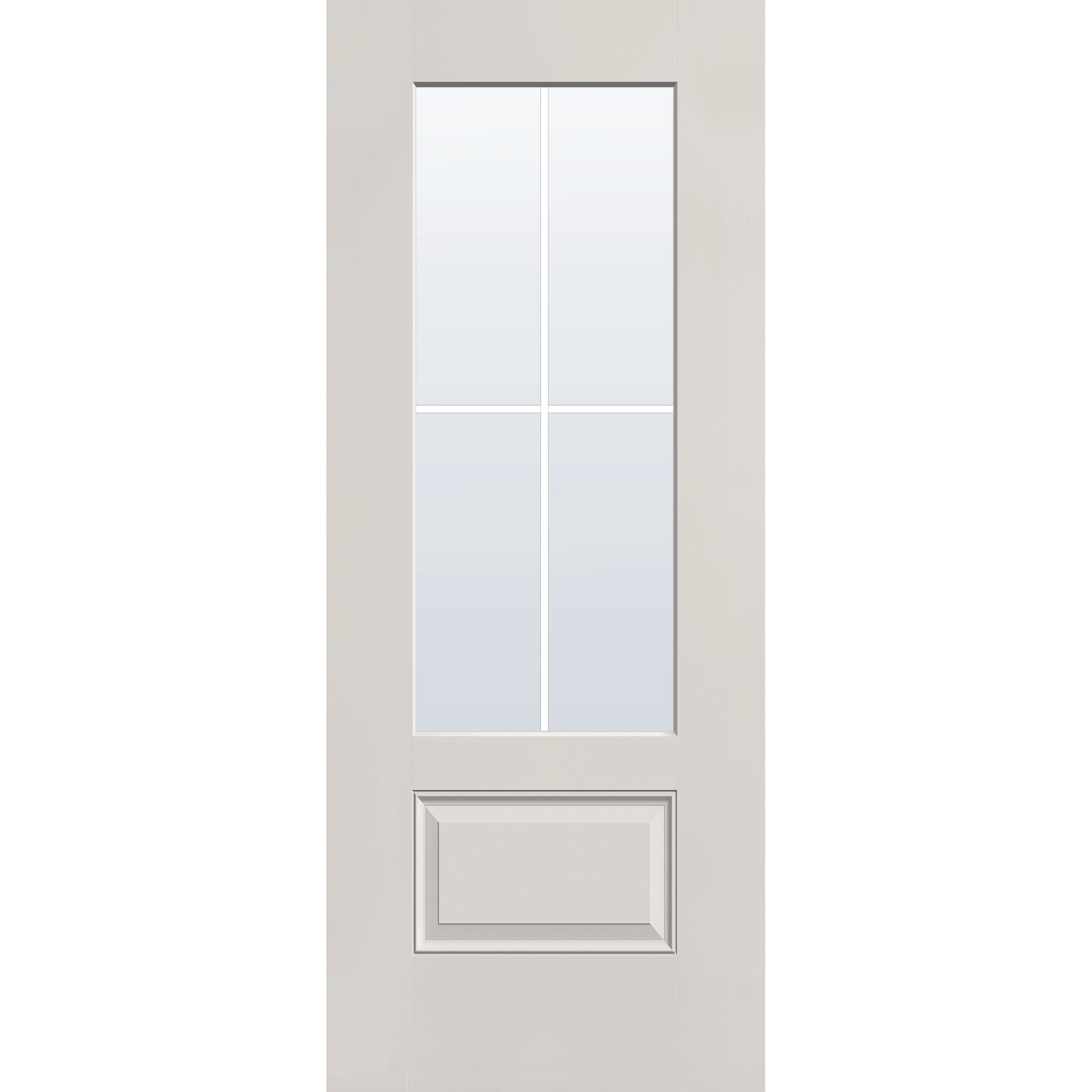 4 light grille flush glazed hurricane-rated fiberglass entry door, 3/4 lite, 32" x 80", white satin smooth finish, white grilles between glass