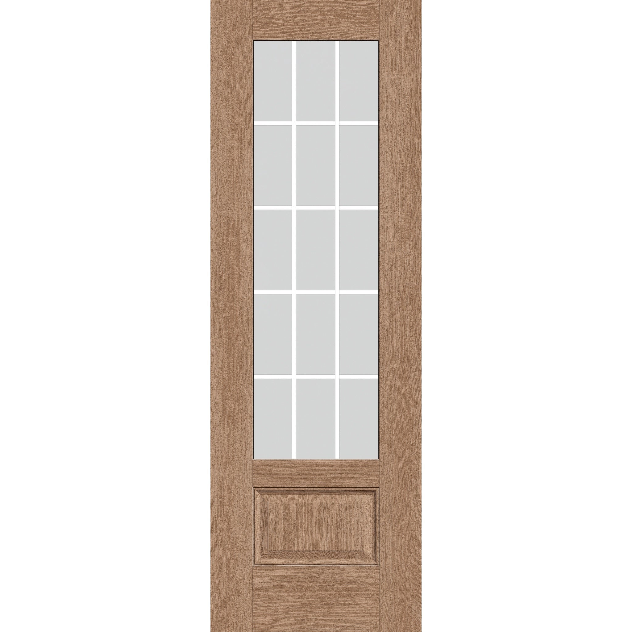 15 light grille flush glazed hurricane-rated fiberglass entry door, 3/4 lite, 32" x 96", tan woodgrain finish, white grilles between glass