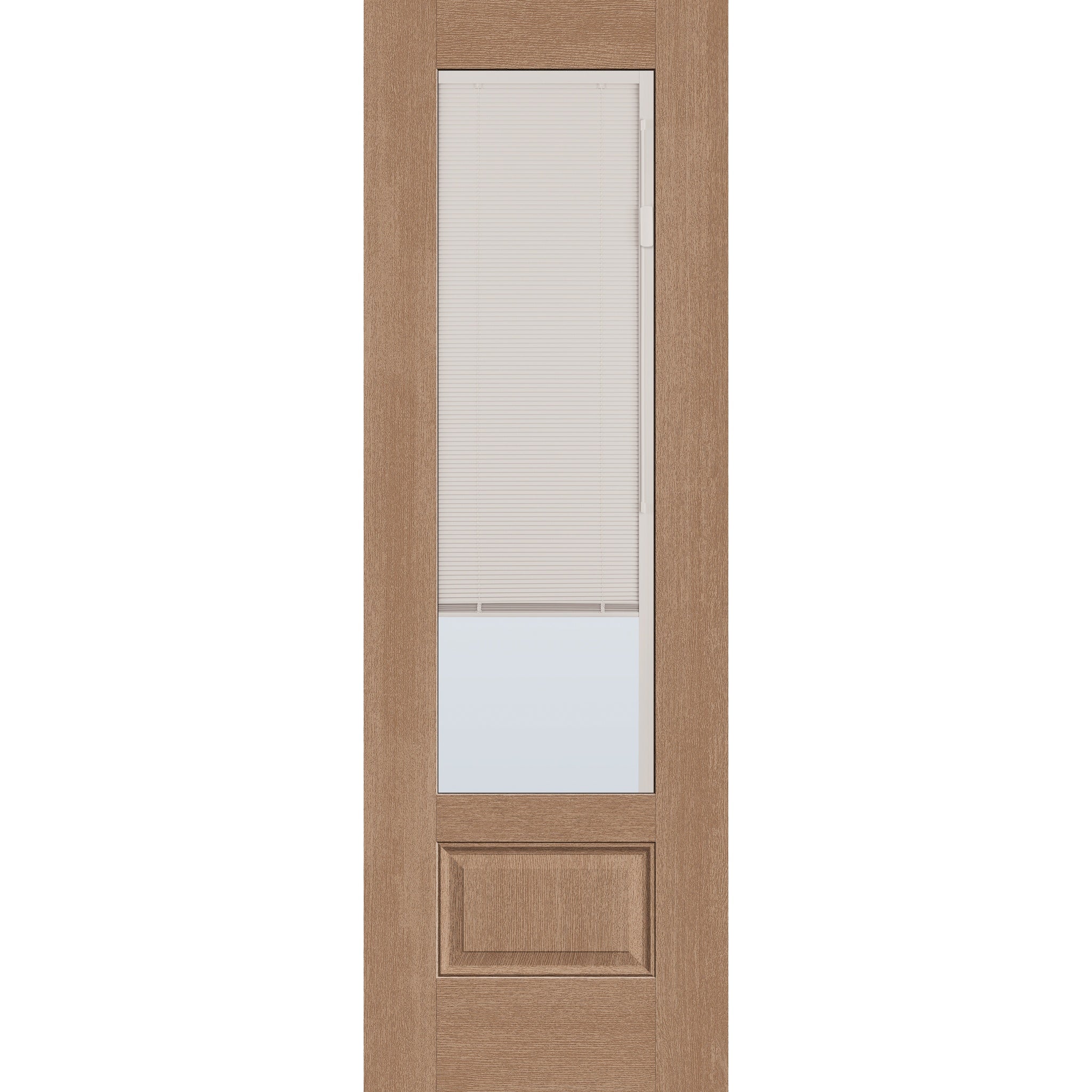 Raise & Lower Blinds flush glazed fiberglass entry door, 3/4 lite, 32" x 96", tan woodgrain finish, white blinds