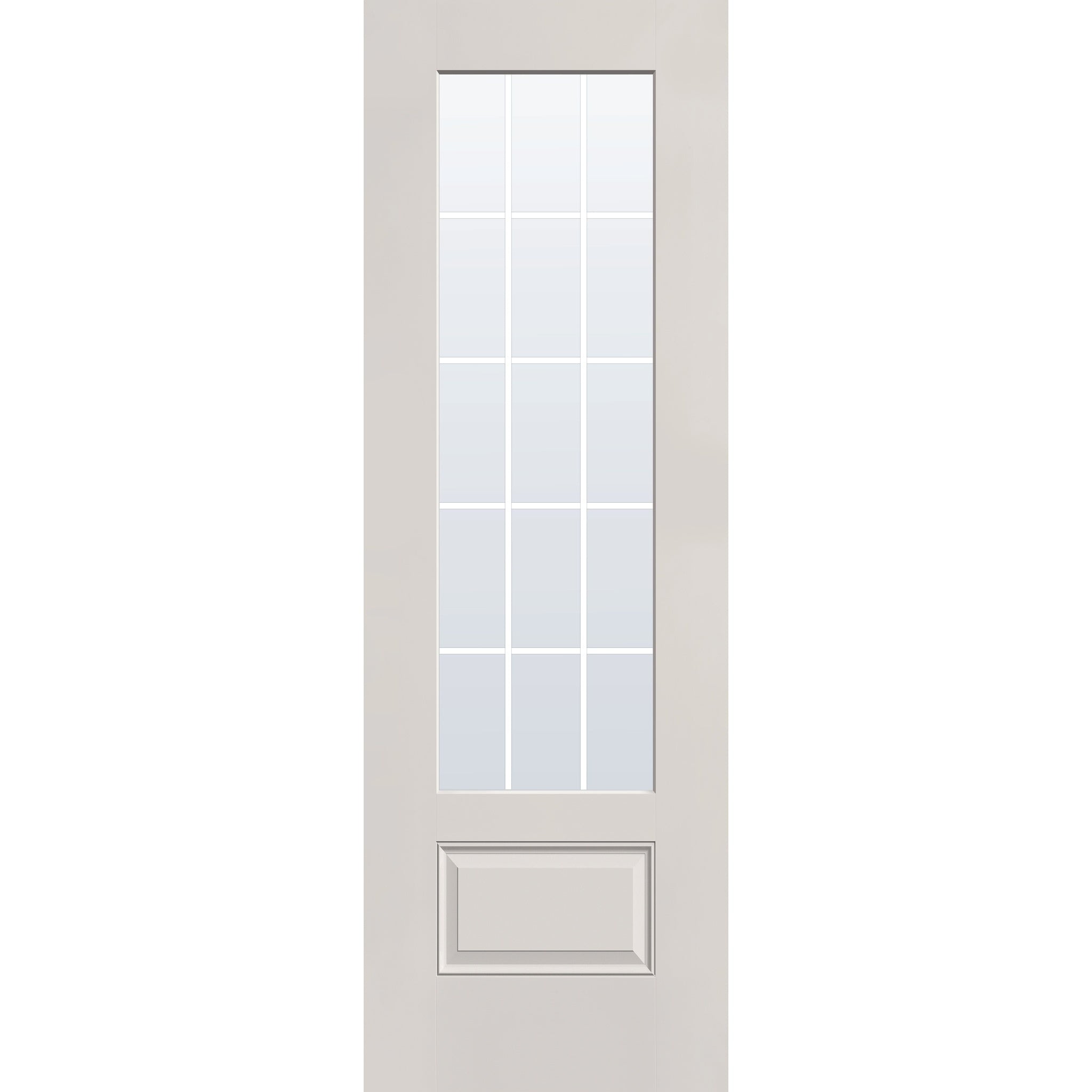 15 light grille flush glazed fiberglass entry door, 3/4 lite, 32" x 96", white satin smooth finish, white grilles between glass