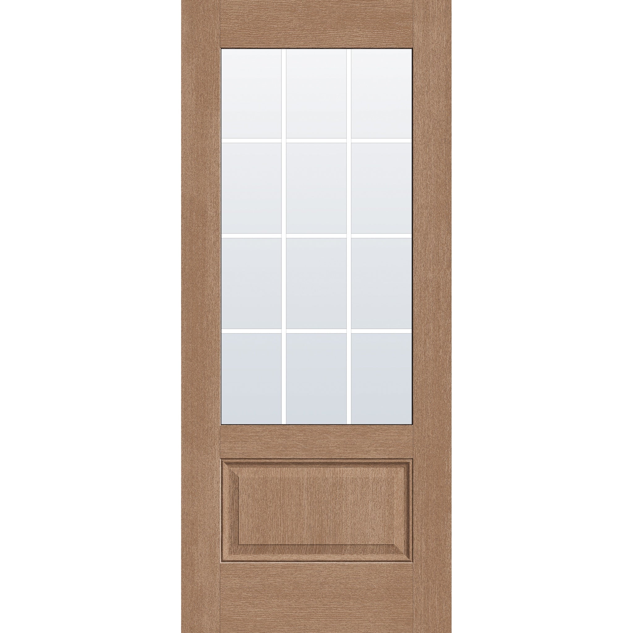 12 light grille flush glazed fiberglass entry door, 3/4 lite, 34" x 80", tan woodgrain finish, white grilles between glass