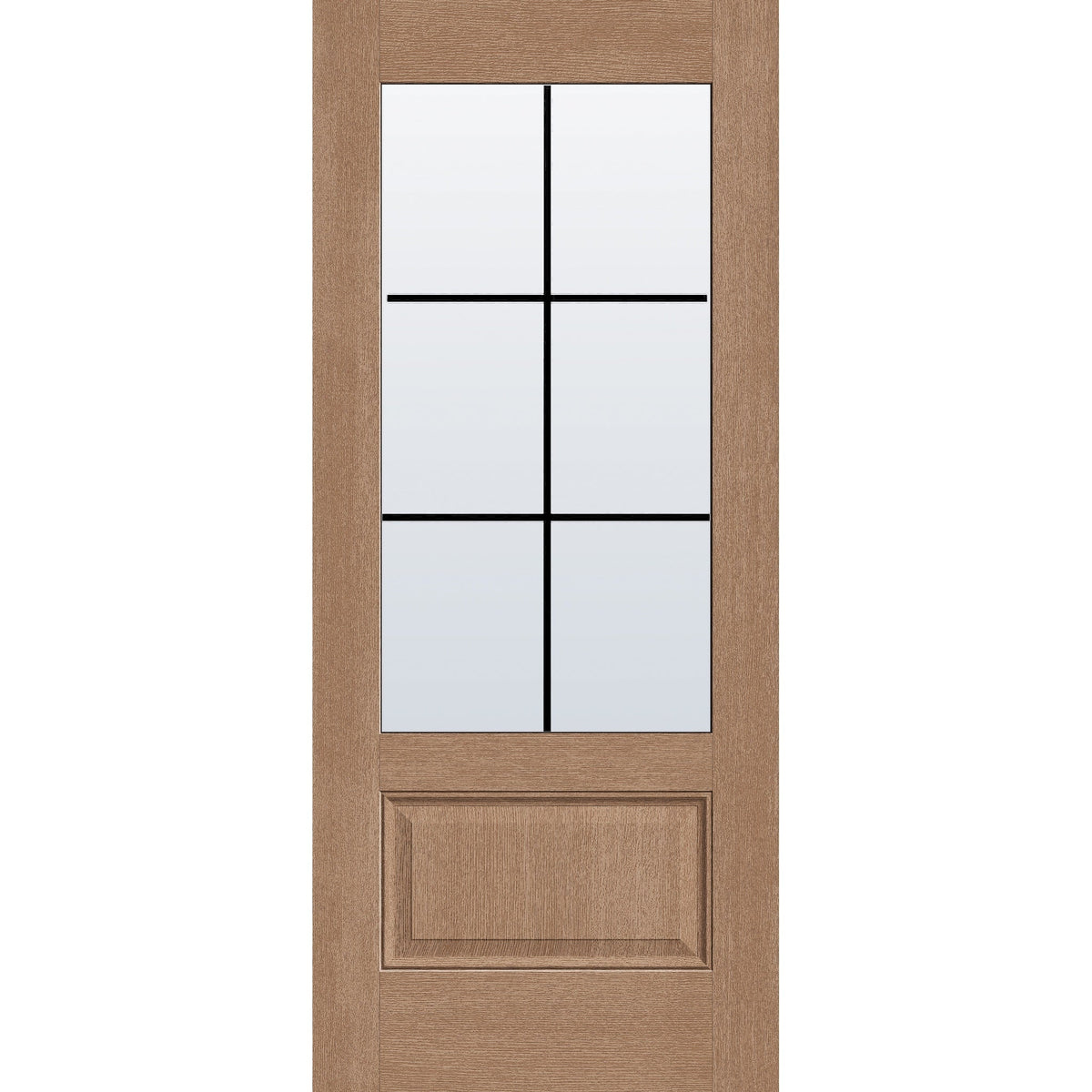 6 light grille flush glazed fiberglass entry door, 3/4 lite, 34" x 80", tan woodgrain finish, black grilles between glass