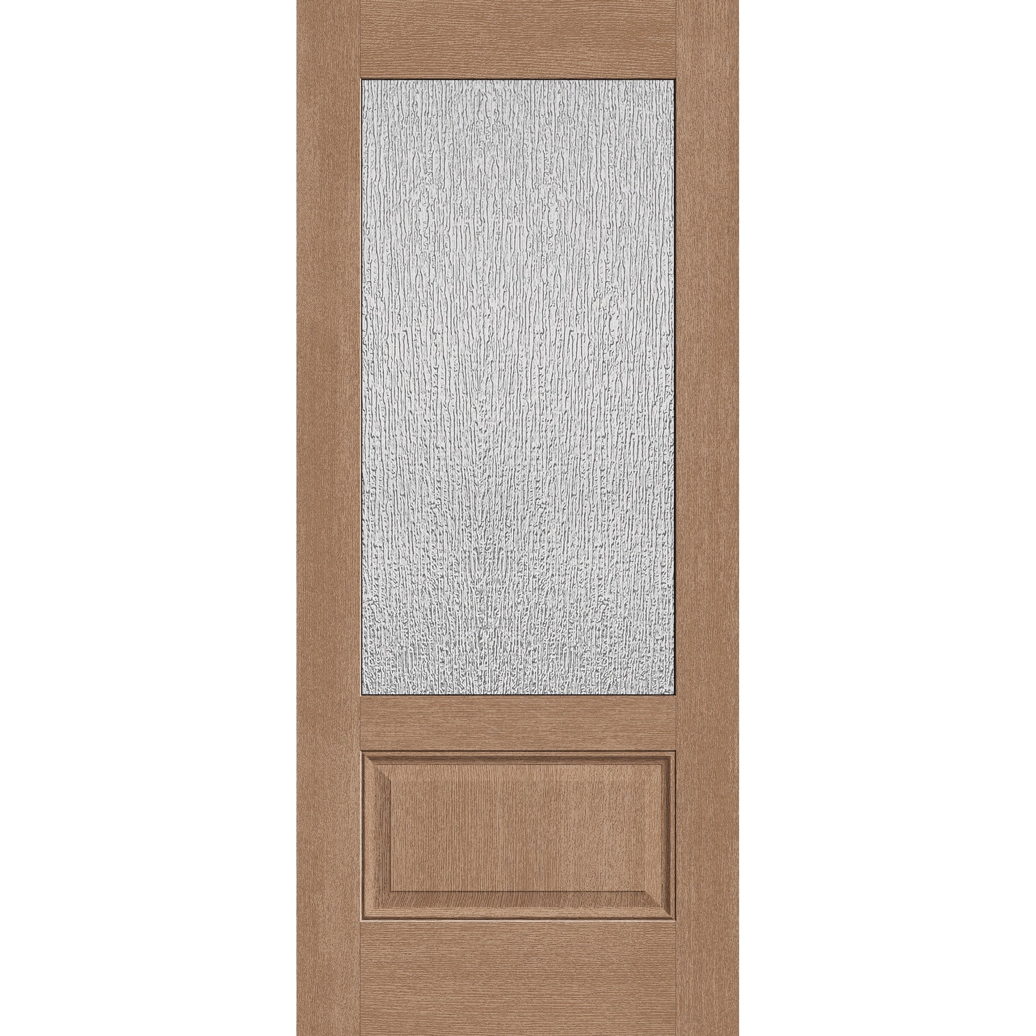 Rain flush glazed fiberglass entry door, 3/4 lite, 34" x 80", tan woodgrain finish
