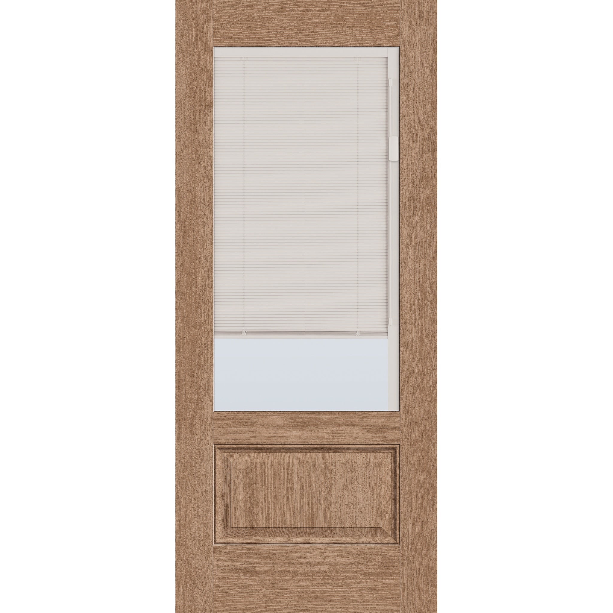 Raise & Lower Blinds flush glazed fiberglass entry door, 3/4 lite, 34" x 80", tan woodgrain finish, white blinds