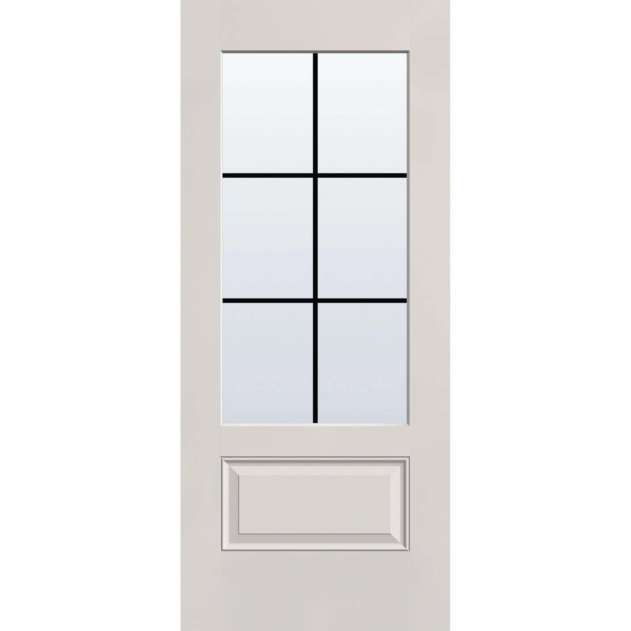 6 light grille flush glazed fiberglass entry door, 3/4 lite, 34" x 80", white satin smooth finish, black grilles between glass