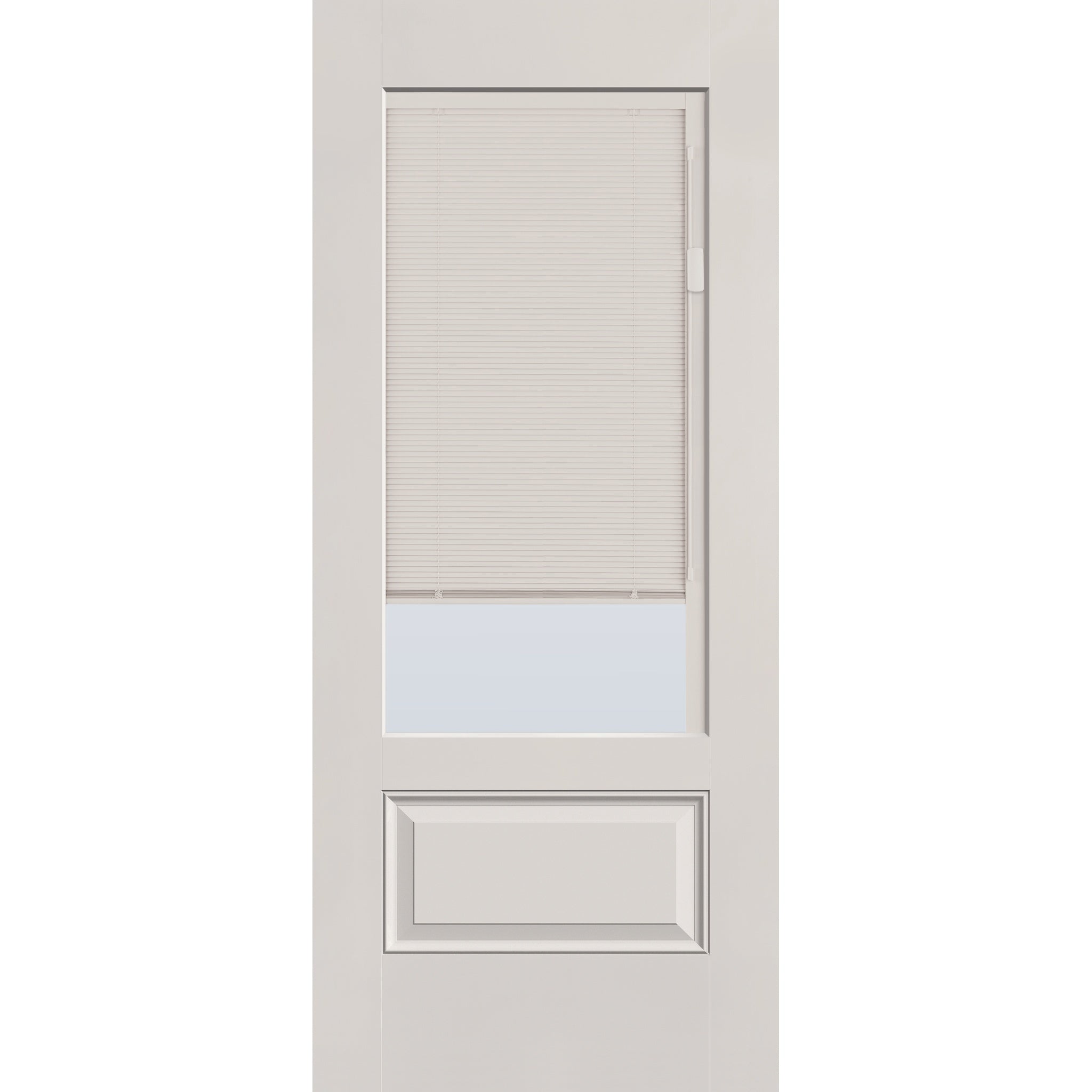 Raise & Lower Blinds flush glazed fiberglass entry door, 3/4 lite, 34" x 80", white satin smooth finish, white blinds