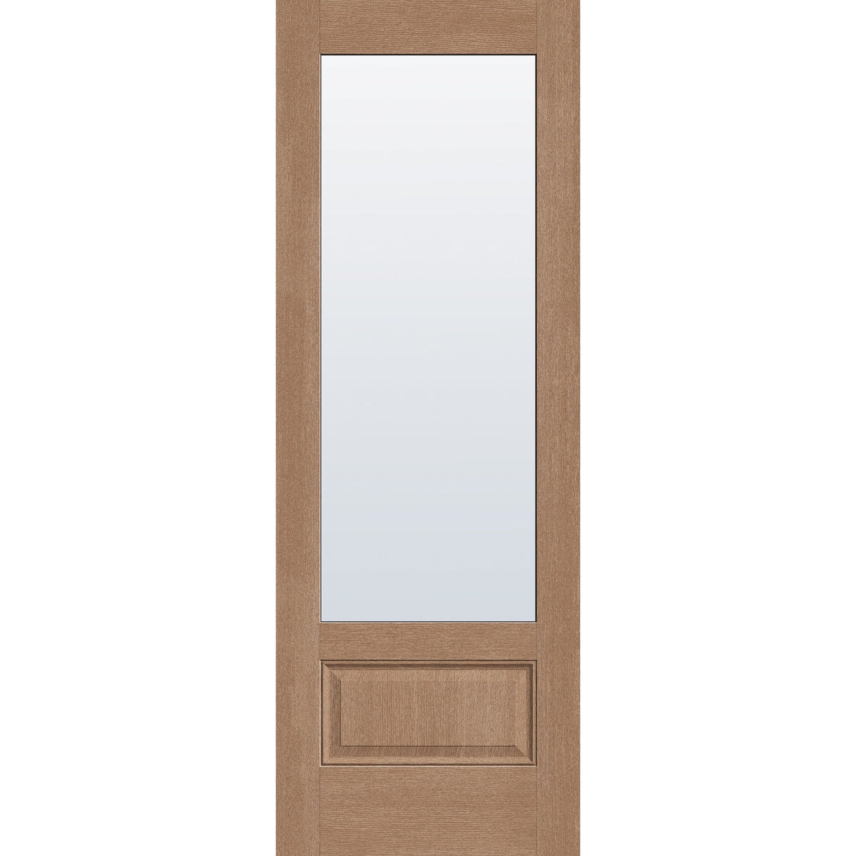 Clear flush glazed fiberglass entry door, 3/4 lite, 34" x 96", tan woodgrain finish