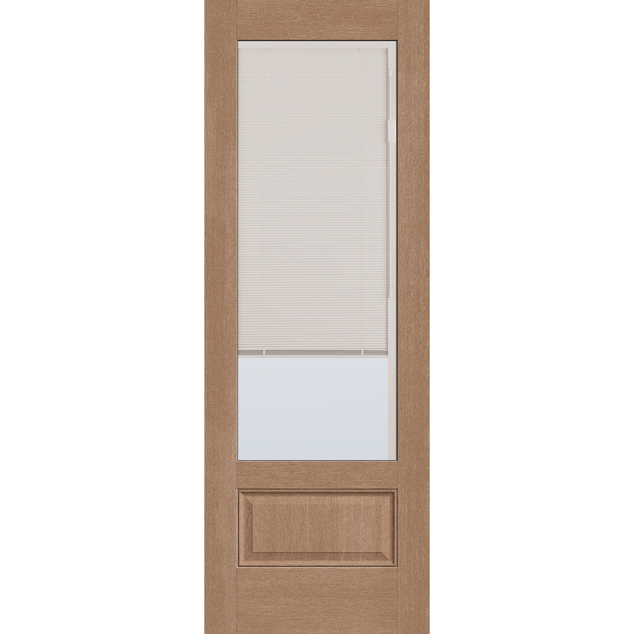 Raise & Lower Blinds flush glazed fiberglass entry door, 3/4 lite, 34" x 96", tan woodgrain finish, white blinds