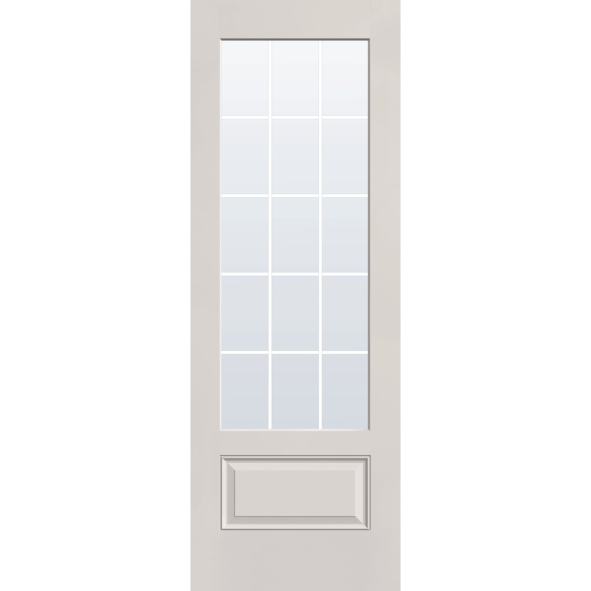 15 light grille flush glazed fiberglass entry door, 3/4 lite, 34" x 96", white satin smooth finish, white grilles between glass