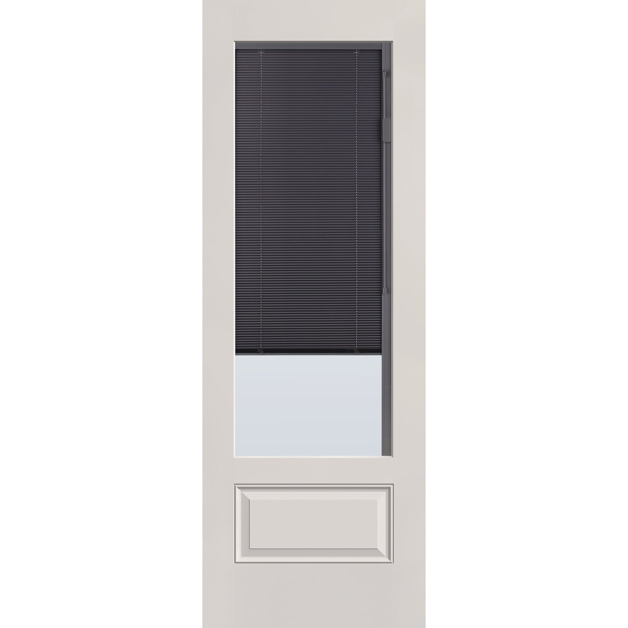 Raise & Lower Blinds flush glazed fiberglass entry door, 3/4 lite, 34" x 96", white satin smooth finish, slate blinds