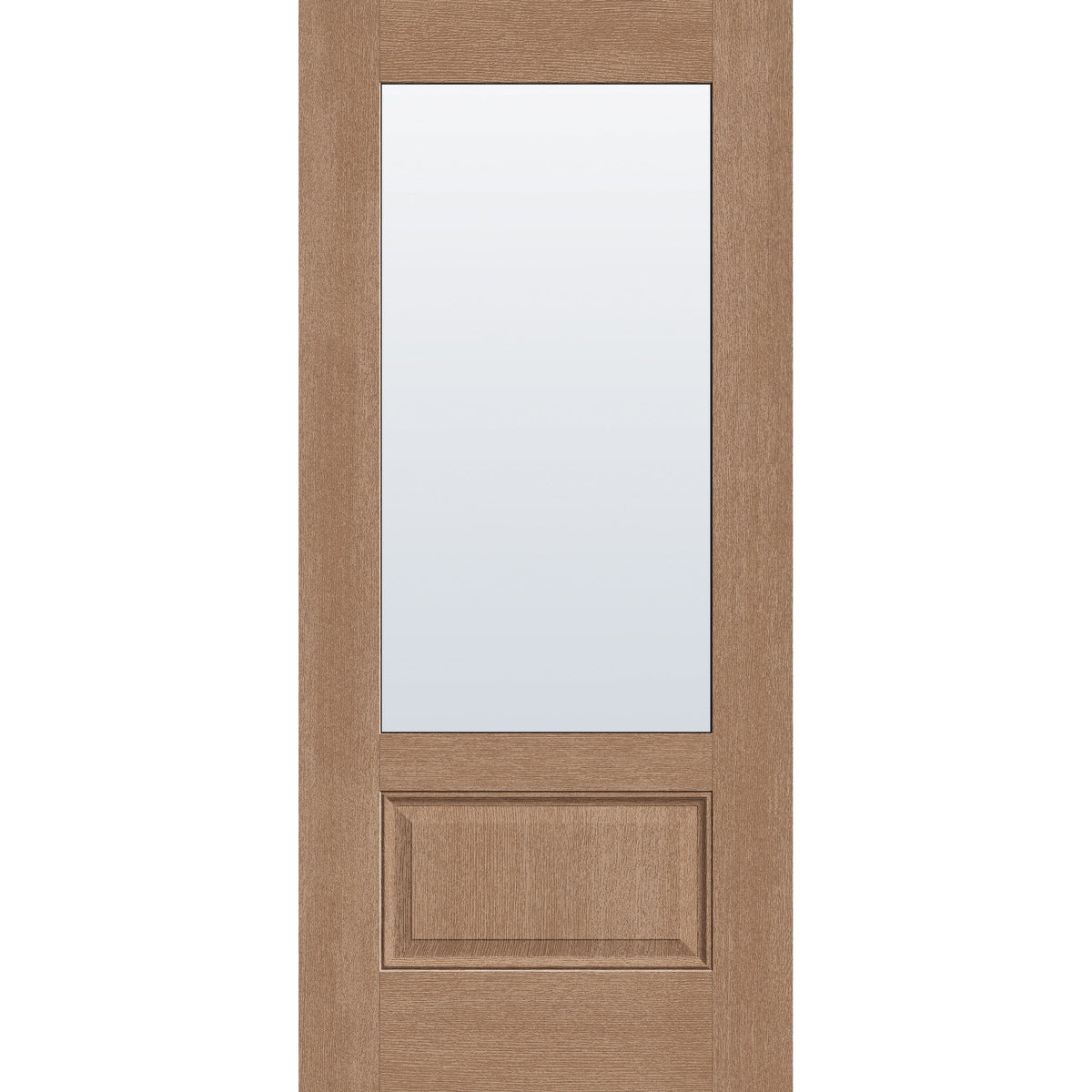 Clear flush glazed fiberglass entry door, 3/4 lite, 36" x 80", tan woodgrain finish