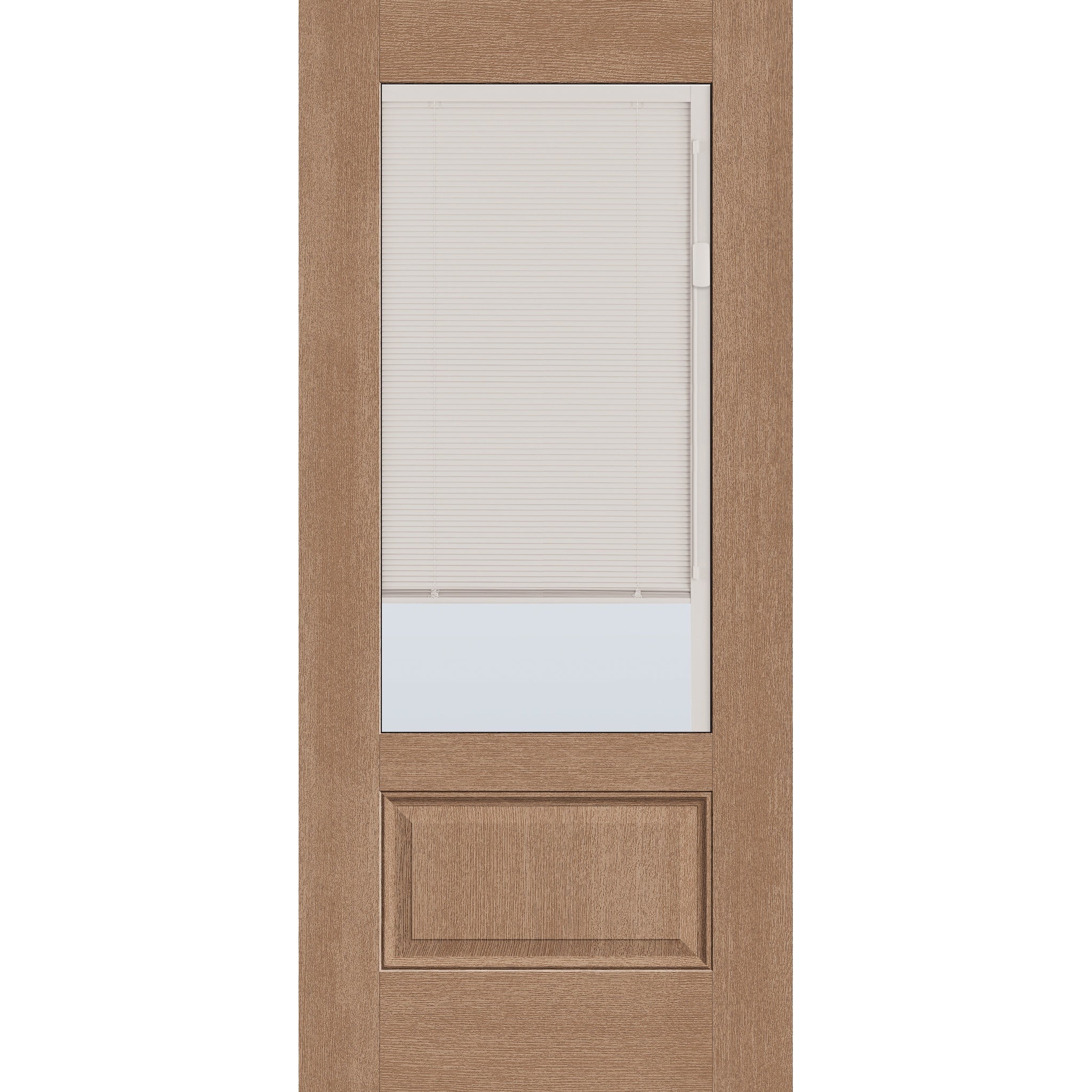 Raise & Lower Blinds flush glazed fiberglass entry door, 3/4 lite, 36" x 80", tan woodgrain finish, white blinds