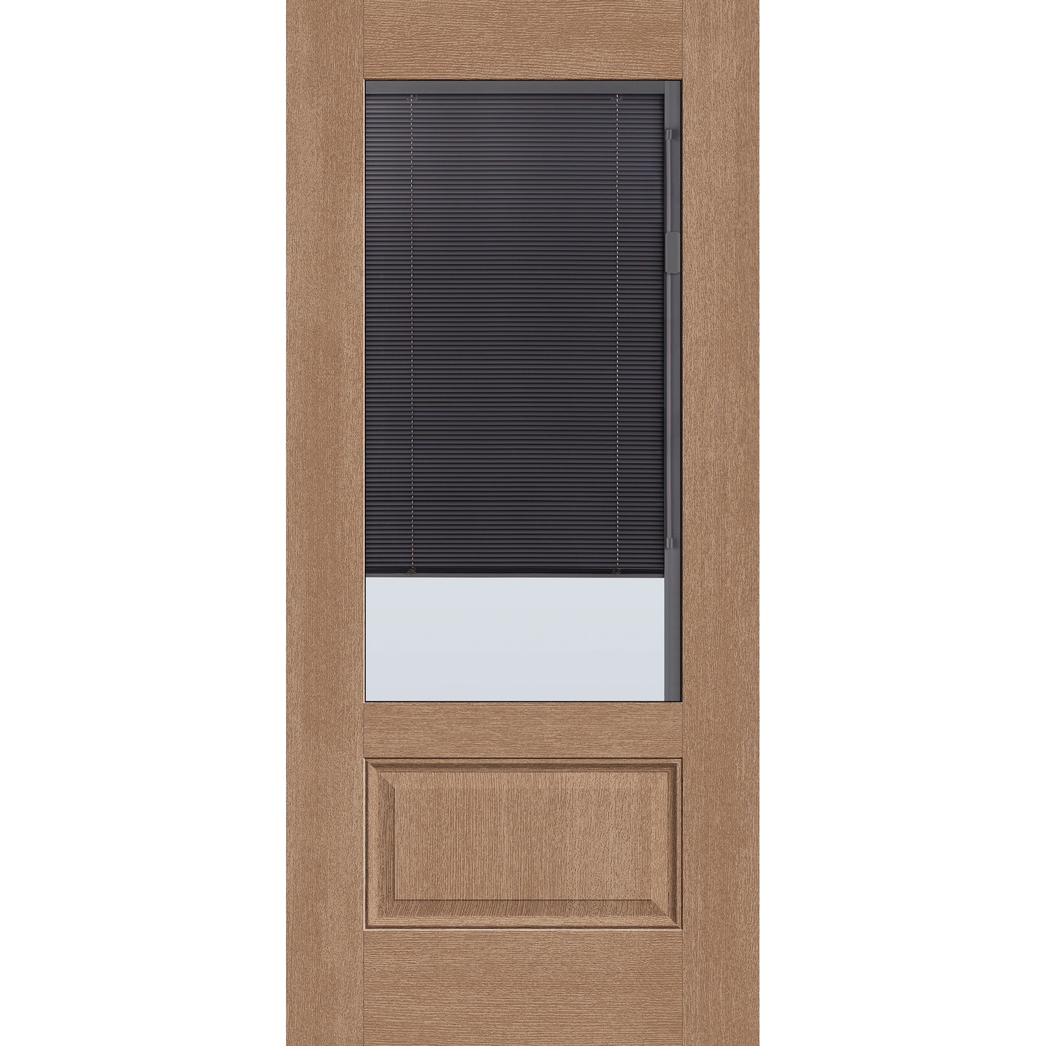Raise & Lower Blinds flush glazed fiberglass entry door, 3/4 lite, 36" x 80", tan woodgrain finish, slate blinds