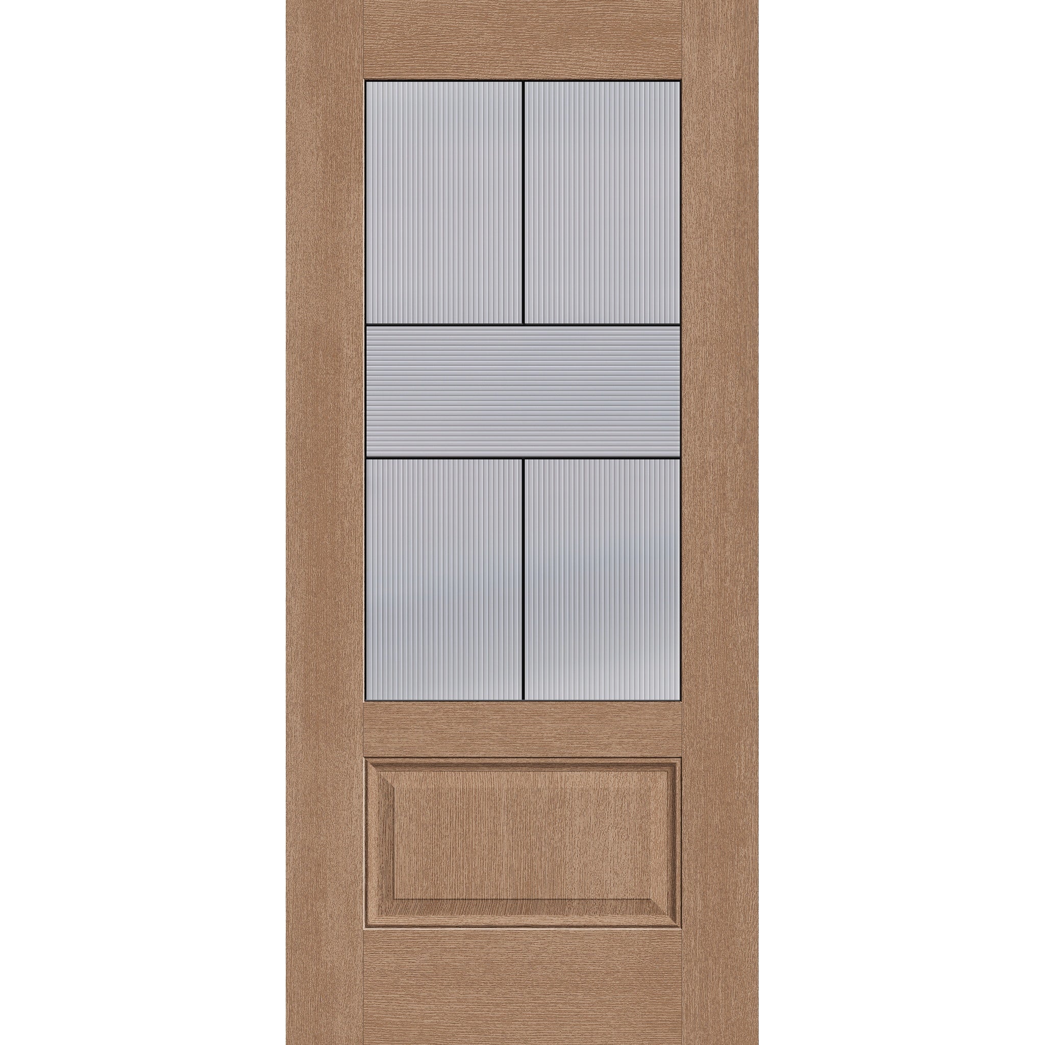 Rill flush glazed fiberglass entry door, 3/4 lite, 36" x 80", tan woodgrain finish, Black Aluminum caming