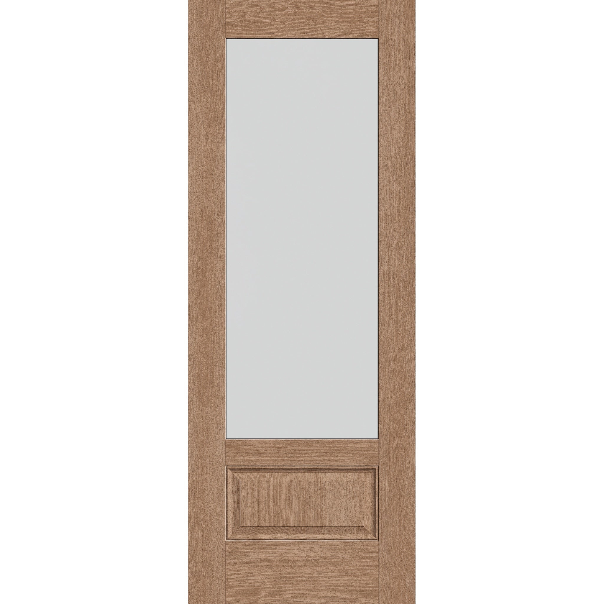 Frost flush glazed hurricane-rated fiberglass entry door, 3/4 lite, 36" x 96", tan woodgrain finish