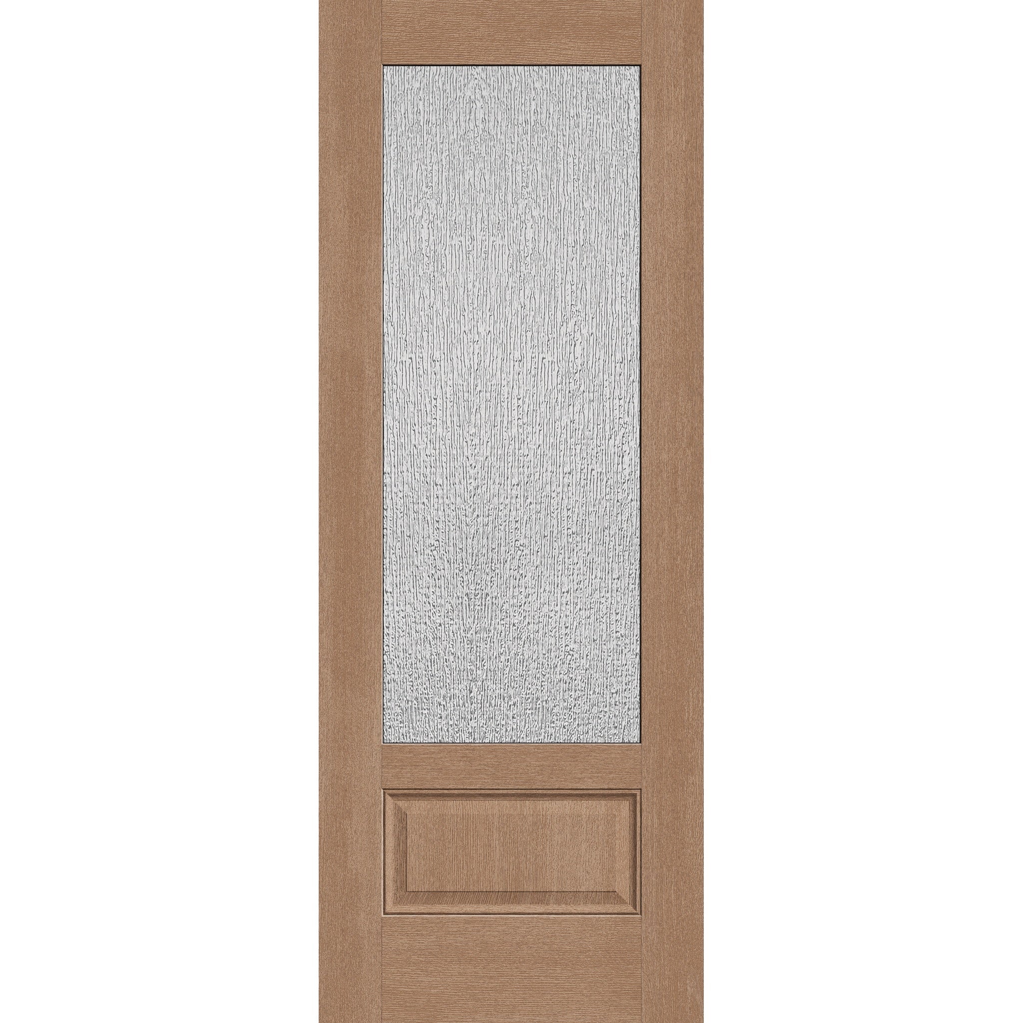 Rain flush glazed hurricane-rated fiberglass entry door, 3/4 lite, 36" x 96", tan woodgrain finish