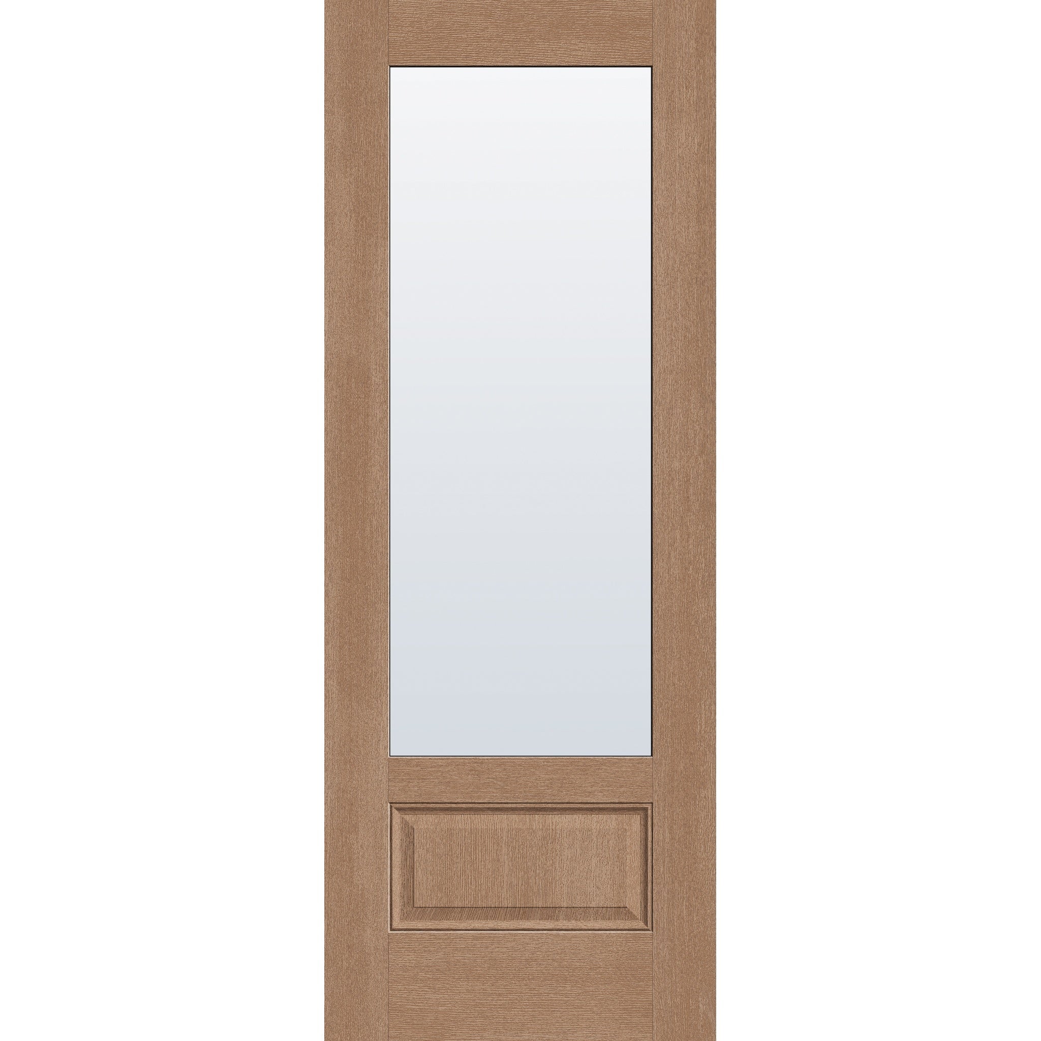 Clear flush glazed fiberglass entry door, 3/4 lite, 36" x 96", tan woodgrain finish