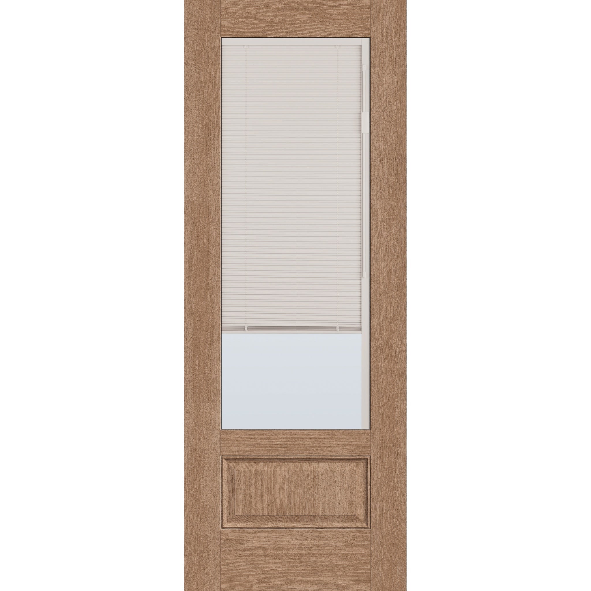 Raise & Lower Blinds flush glazed fiberglass entry door, 3/4 lite, 36" x 96", tan woodgrain finish, white blinds