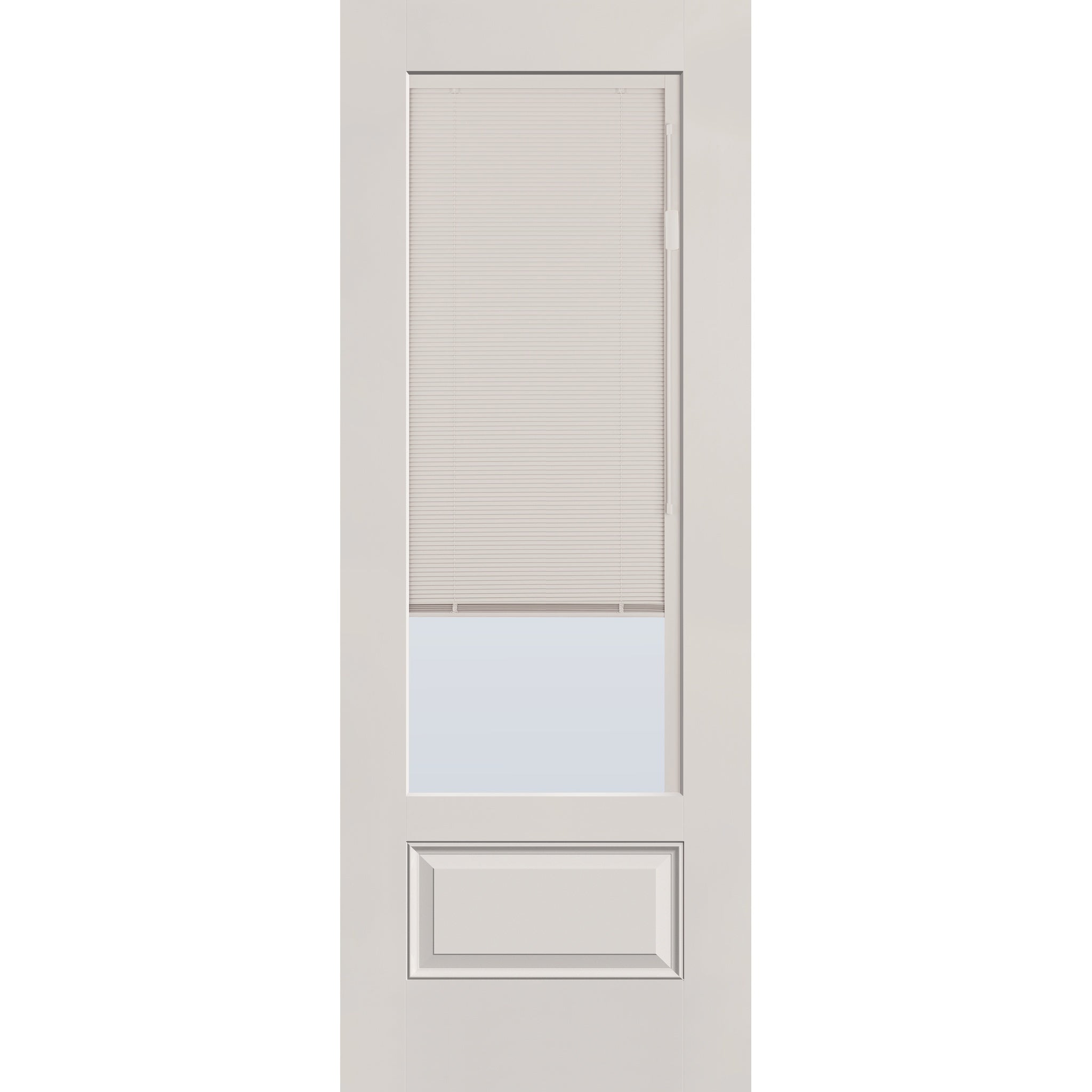 Raise & Lower Blinds flush glazed fiberglass entry door, 3/4 lite, 36" x 96", white satin smooth finish, white blinds
