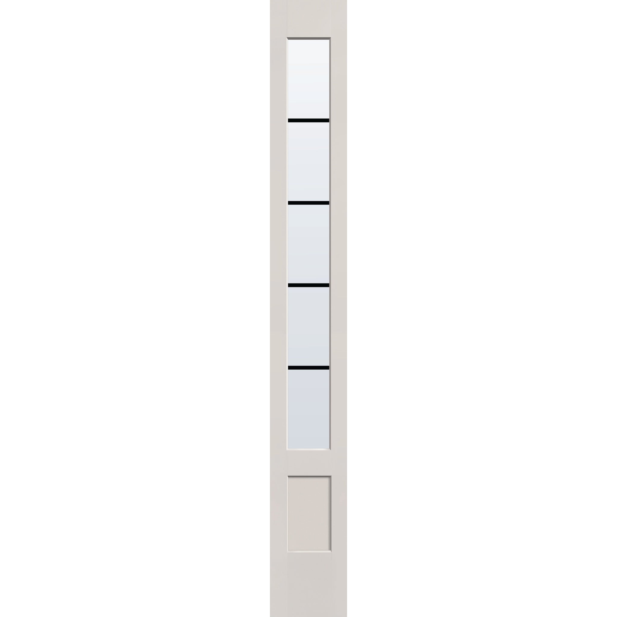 5 light grille flush glazed hurricane-rated fiberglass sidelite panel, 3/4 lite shaker, 12" x 96", white satin smooth finish, black grilles between glass