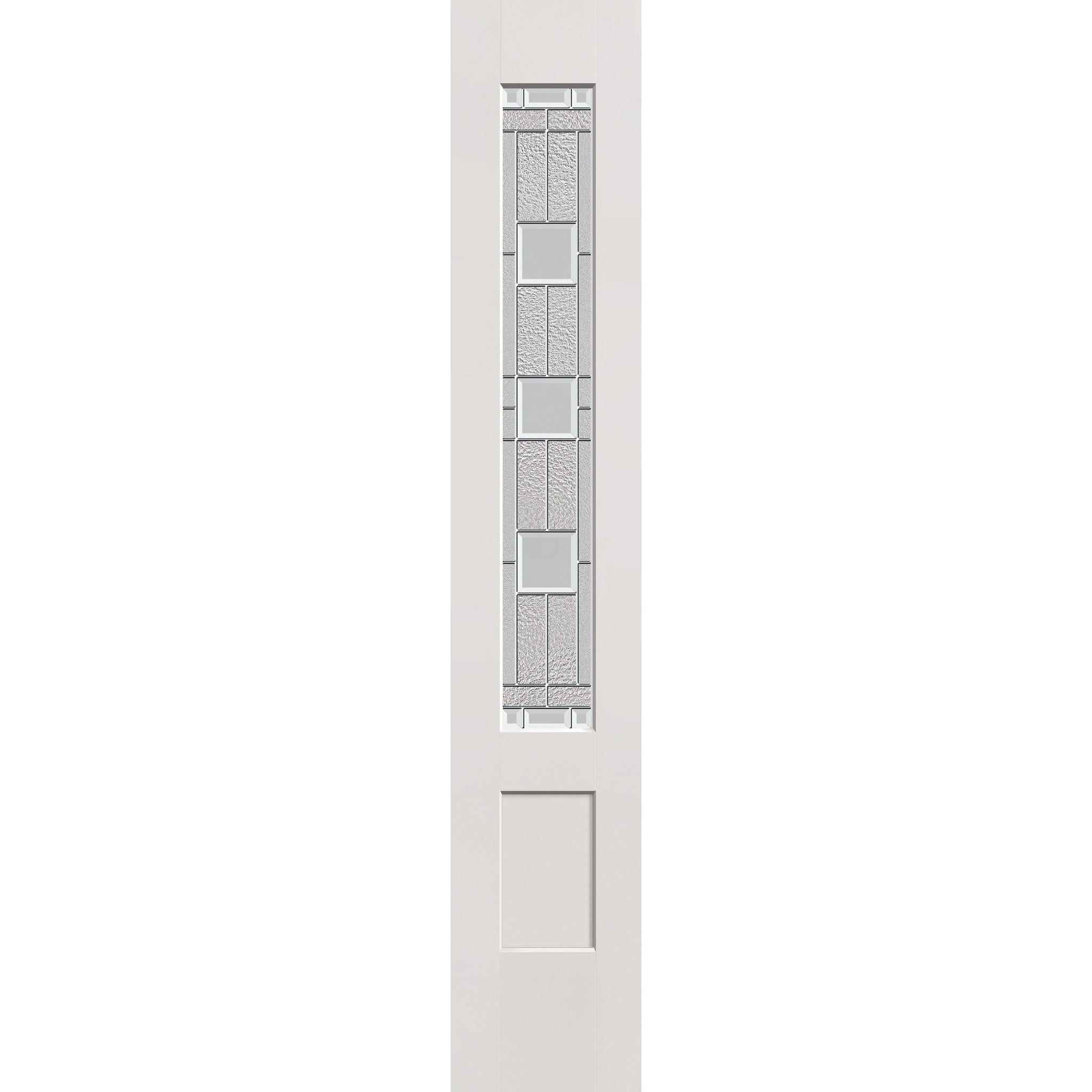 Austin flush glazed fiberglass sidelite panel, 3/4 lite shaker, 14" x 80", white satin smooth finish, Satin Nickel caming