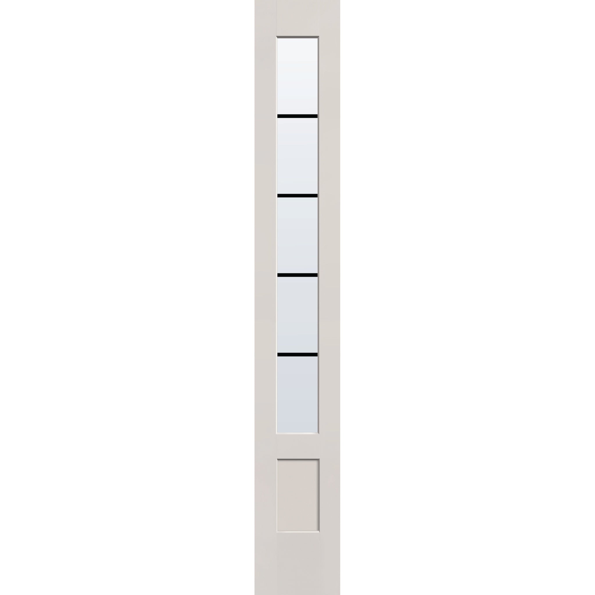 5 light grille flush glazed fiberglass sidelite panel, 3/4 lite shaker, 14" x 96", white satin smooth finish, black grilles between glass