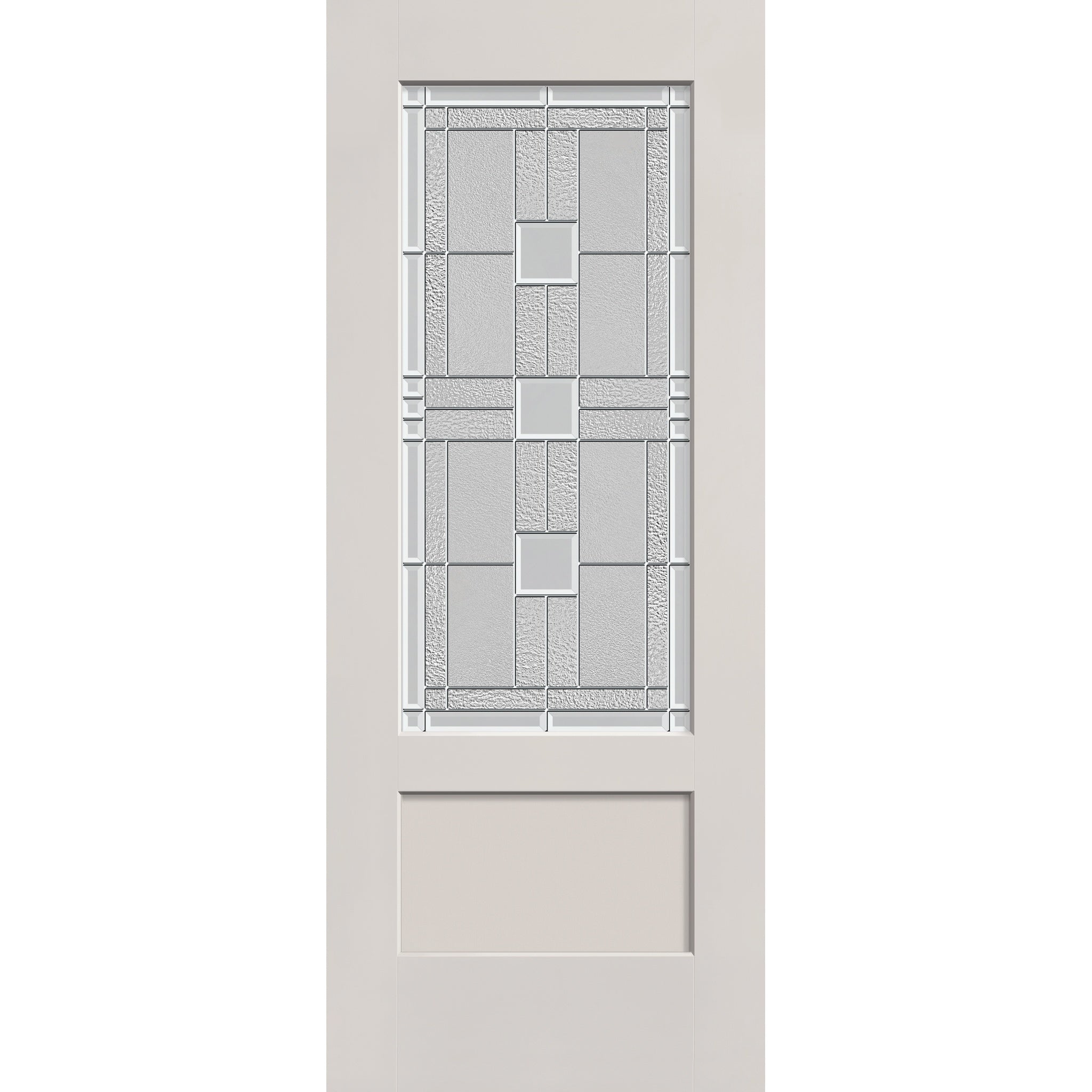 Austin flush glazed hurricane-rated fiberglass entry door, 3/4 lite shaker, 32" x 80", white satin smooth finish, Satin Nickel caming