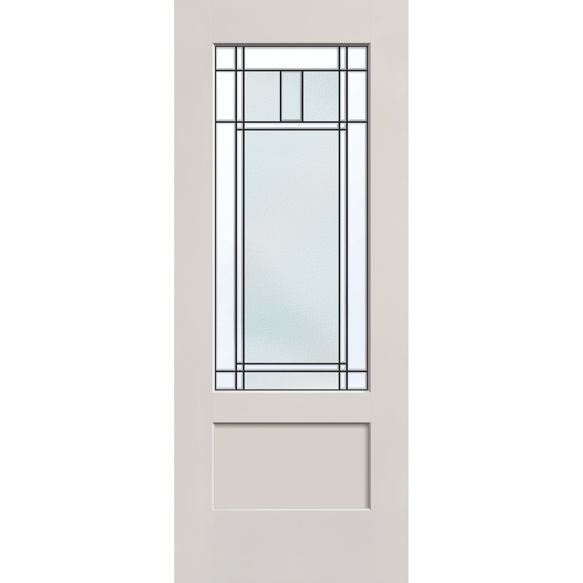Berkley flush glazed hurricane-rated fiberglass entry door, 3/4 lite shaker, 32" x 80", white satin smooth finish, Patina caming
