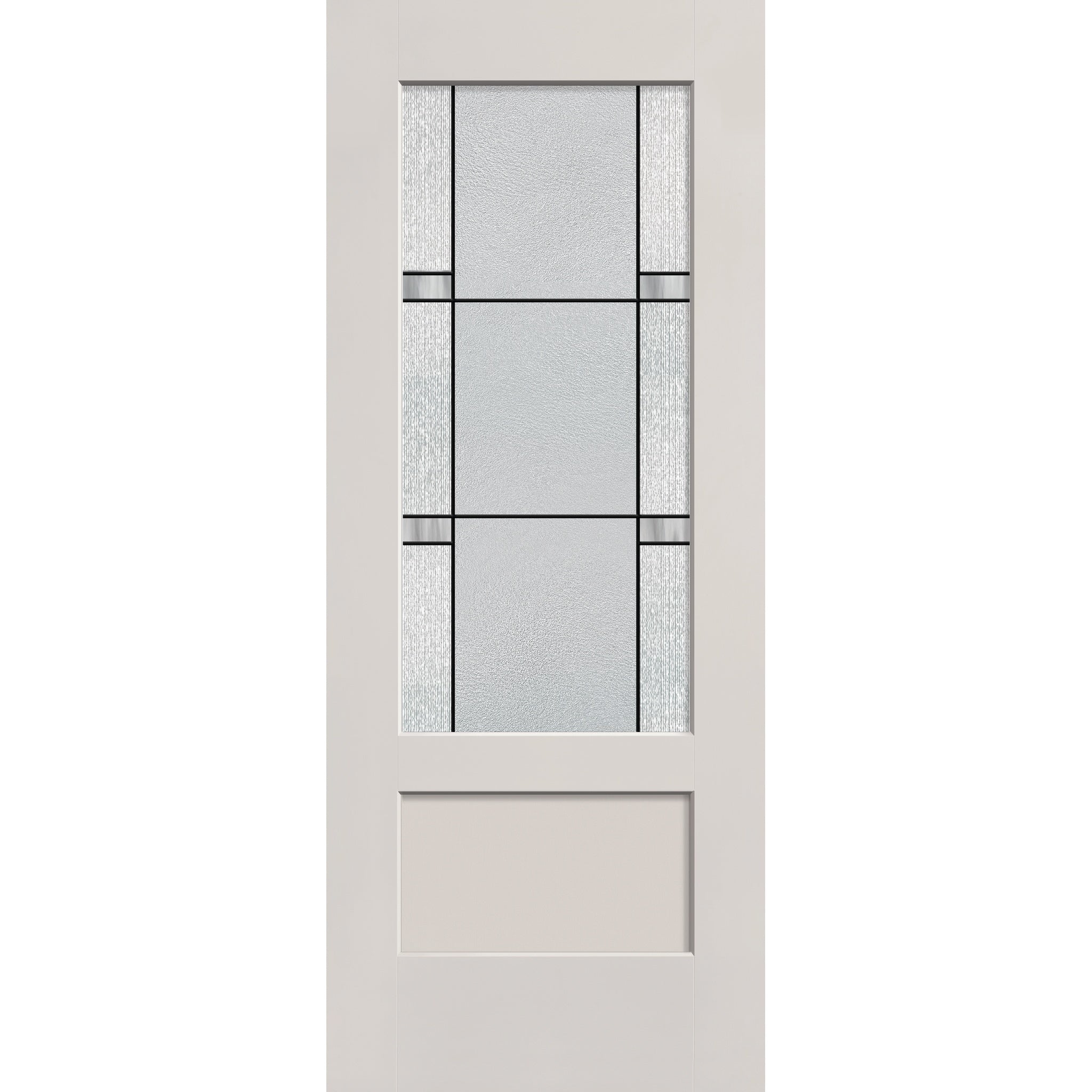 Dexter flush glazed hurricane-rated fiberglass entry door, 3/4 lite shaker, 32" x 80", white satin smooth finish, Black Aluminum caming