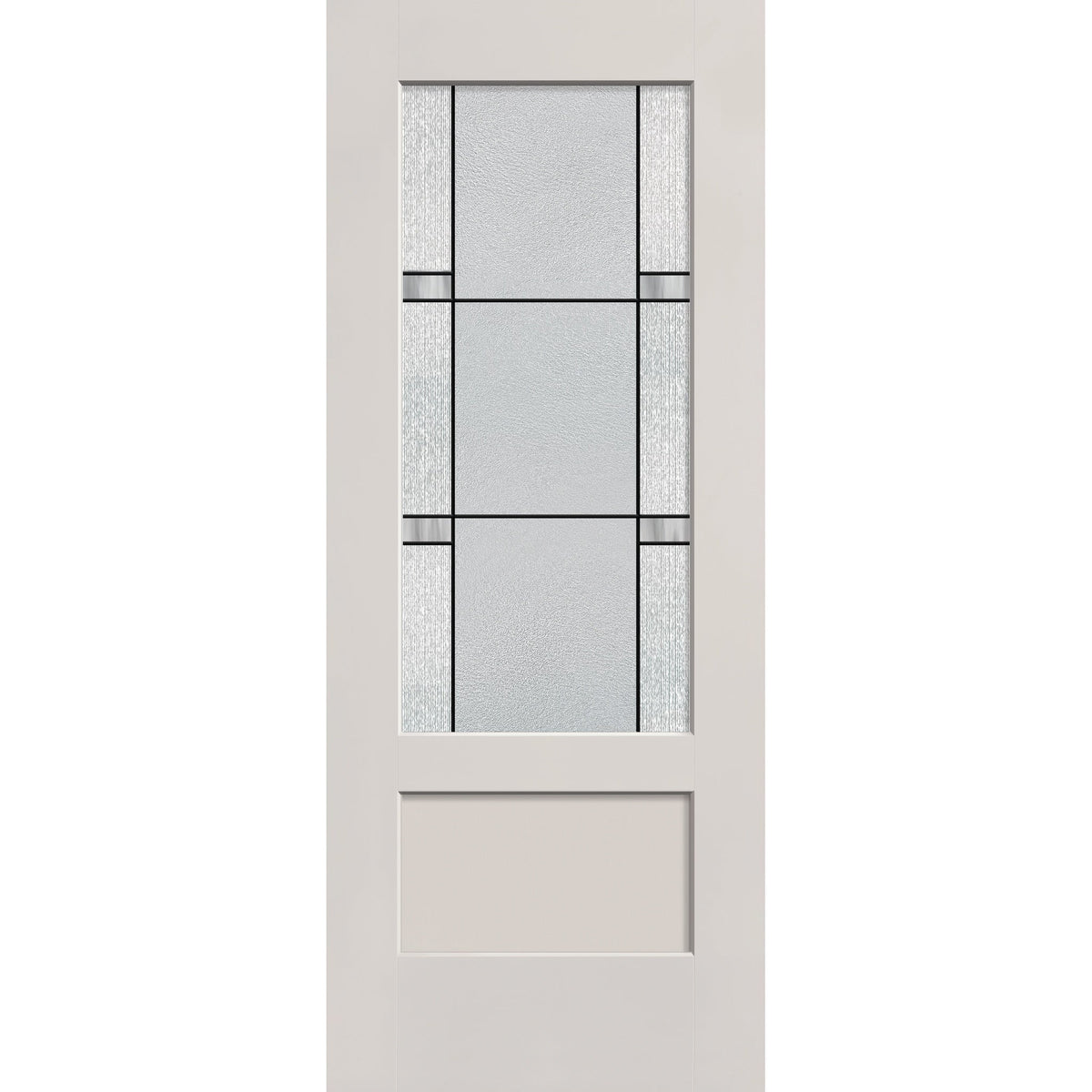 Dexter flush glazed fiberglass entry door, 3/4 lite shaker, 32" x 80", white satin smooth finish, Black Aluminum caming