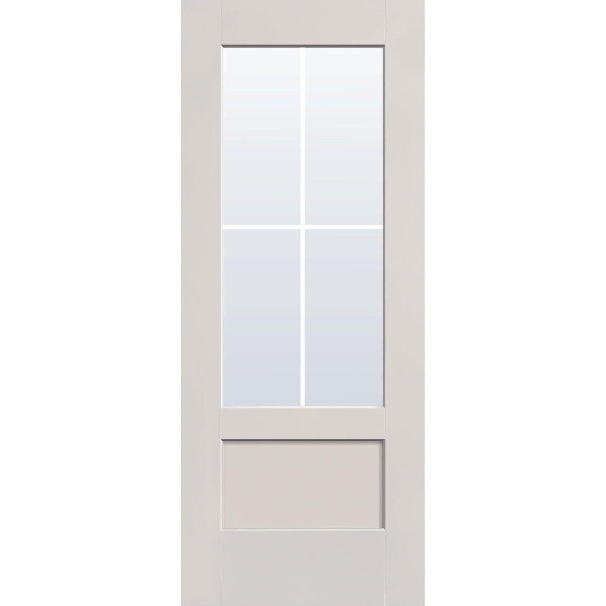 4 light grille flush glazed fiberglass entry door, 3/4 lite shaker, 32" x 80", white satin smooth finish, white grilles between glass