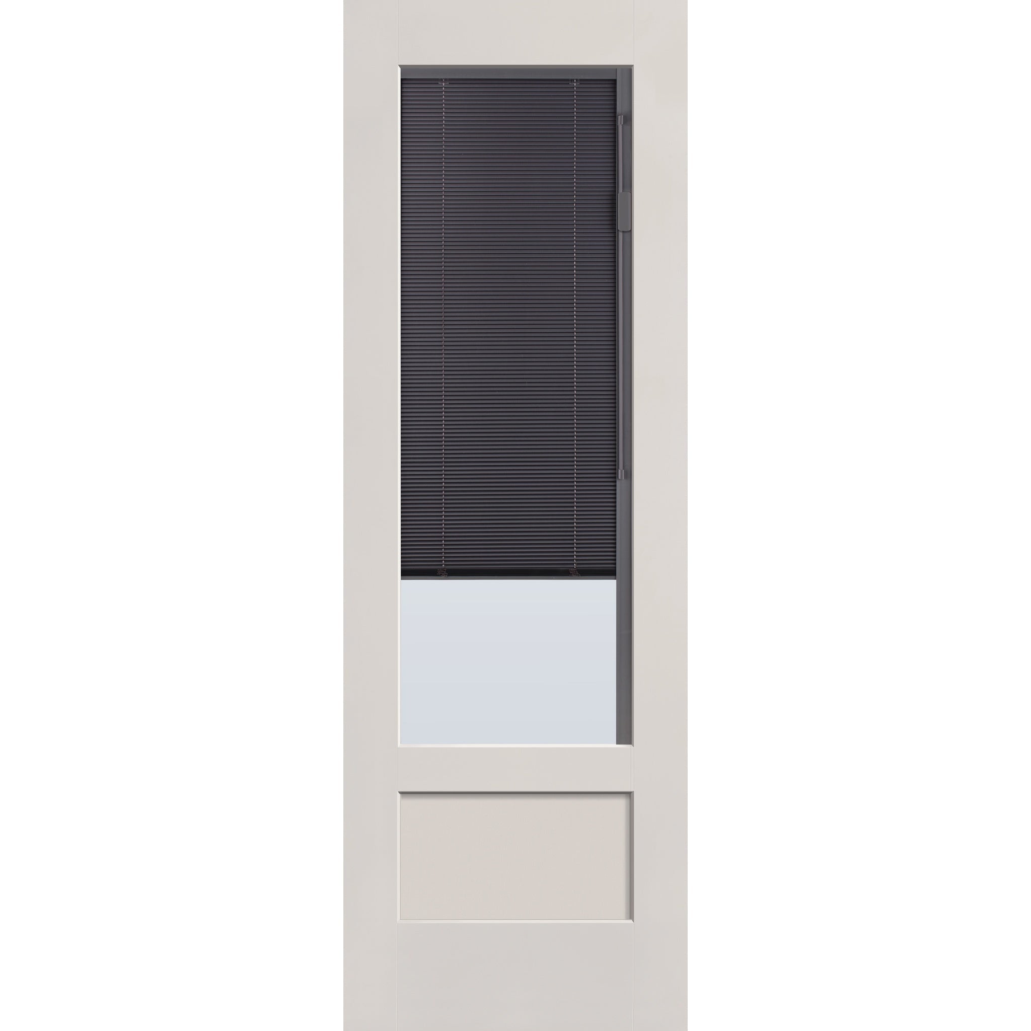 Raise & Lower Blinds flush glazed fiberglass entry door, 3/4 lite shaker, 32" x 96", white satin smooth finish, slate blinds