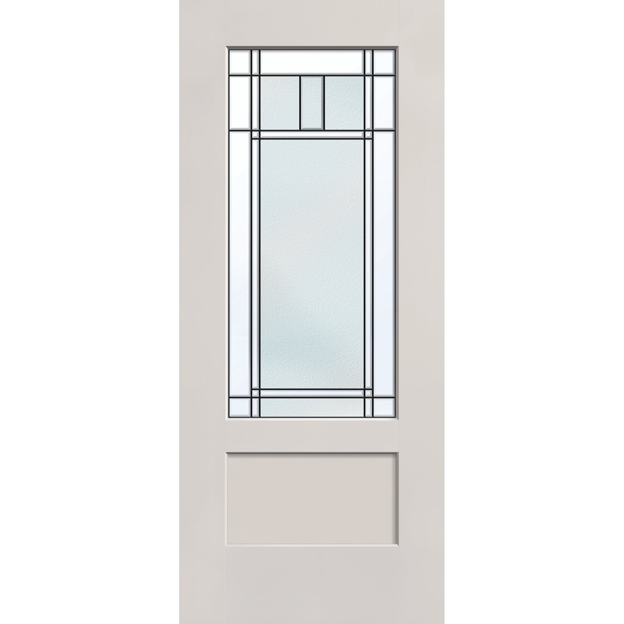 Berkley flush glazed hurricane-rated fiberglass entry door, 3/4 lite shaker, 34" x 80", white satin smooth finish, Patina caming