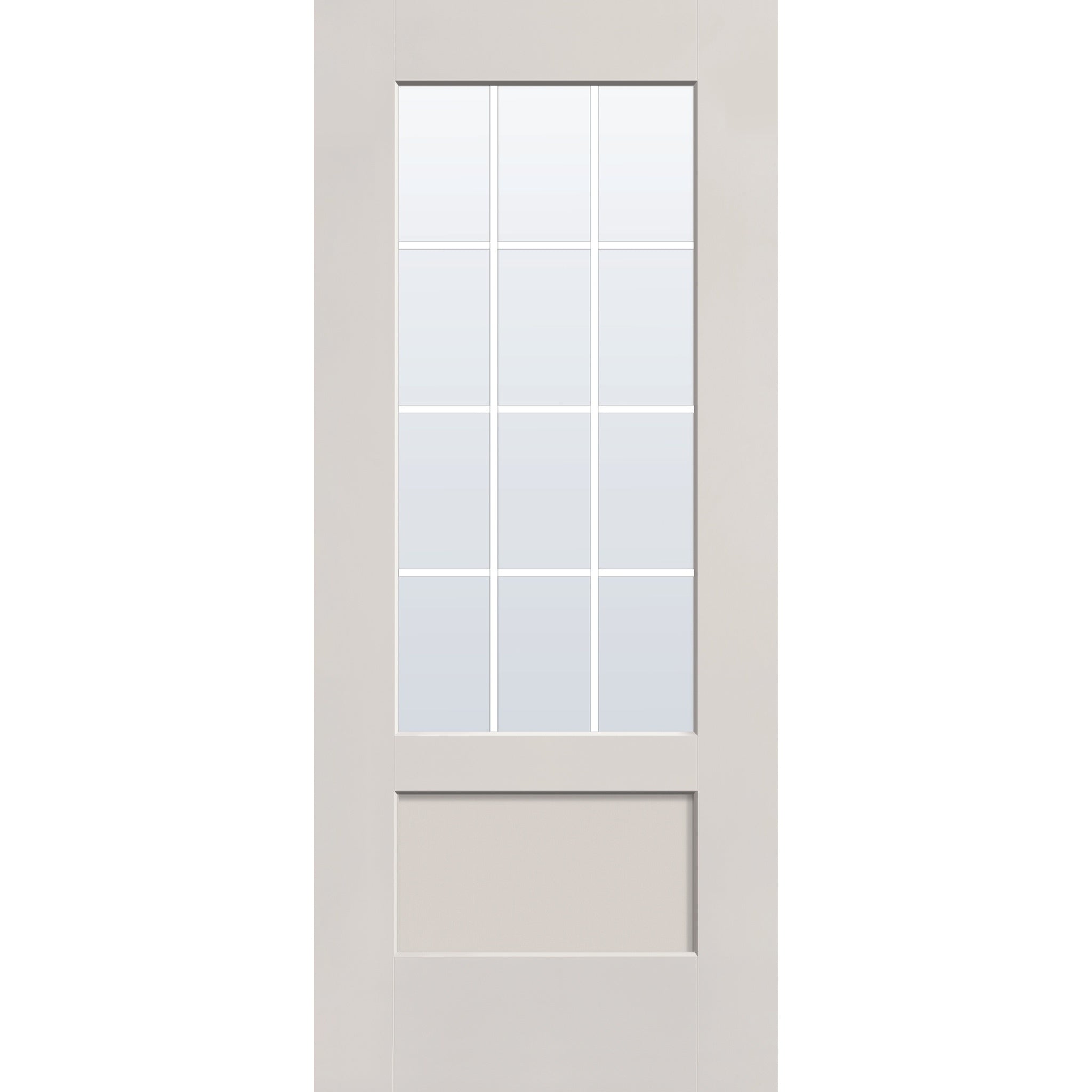 12 light grille flush glazed hurricane-rated fiberglass entry door, 3/4 lite shaker, 34" x 80", white satin smooth finish, white grilles between glass