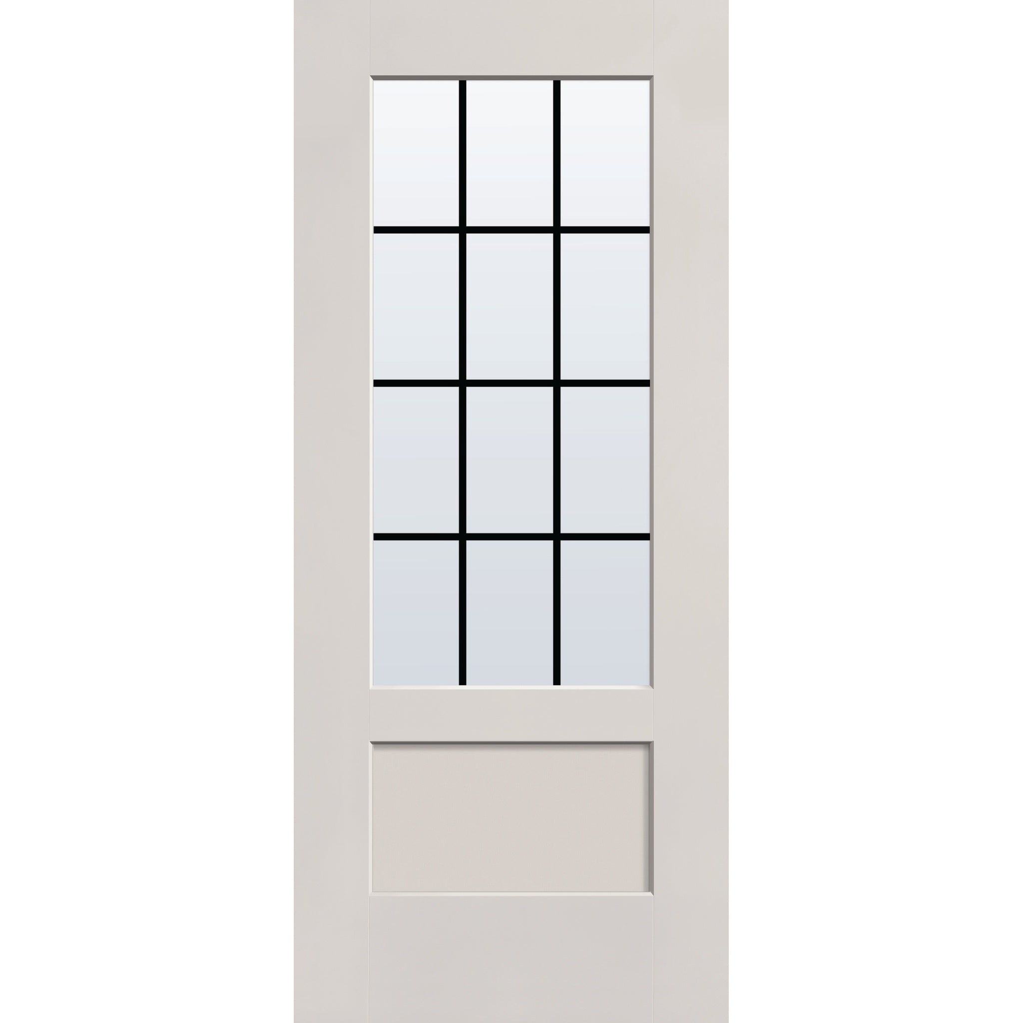 12 light grille flush glazed fiberglass entry door, 3/4 lite shaker, 34" x 80", white satin smooth finish, white grilles between glass
