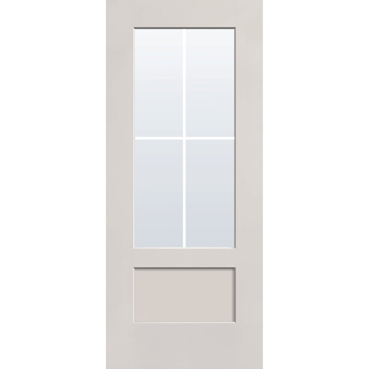 4 light grille flush glazed fiberglass entry door, 3/4 lite shaker, 34" x 80", white satin smooth finish, white grilles between glass